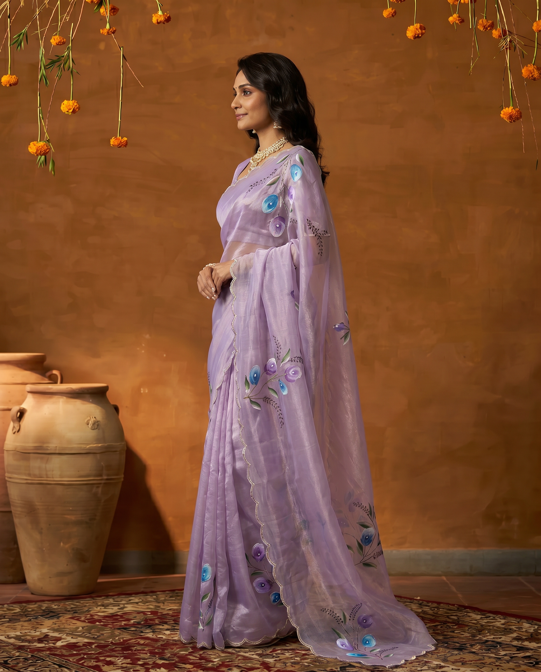 Elegant Golden Organza Saree with Floral Embroidery & Designer Blouse - output 4 - 03 side