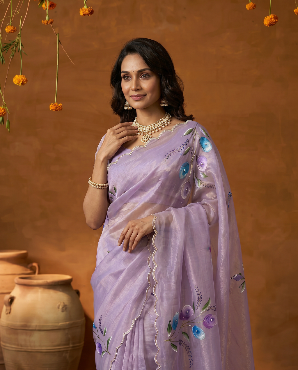 Elegant Golden Organza Saree with Floral Embroidery & Designer Blouse - output 4 - 04 upper closeup