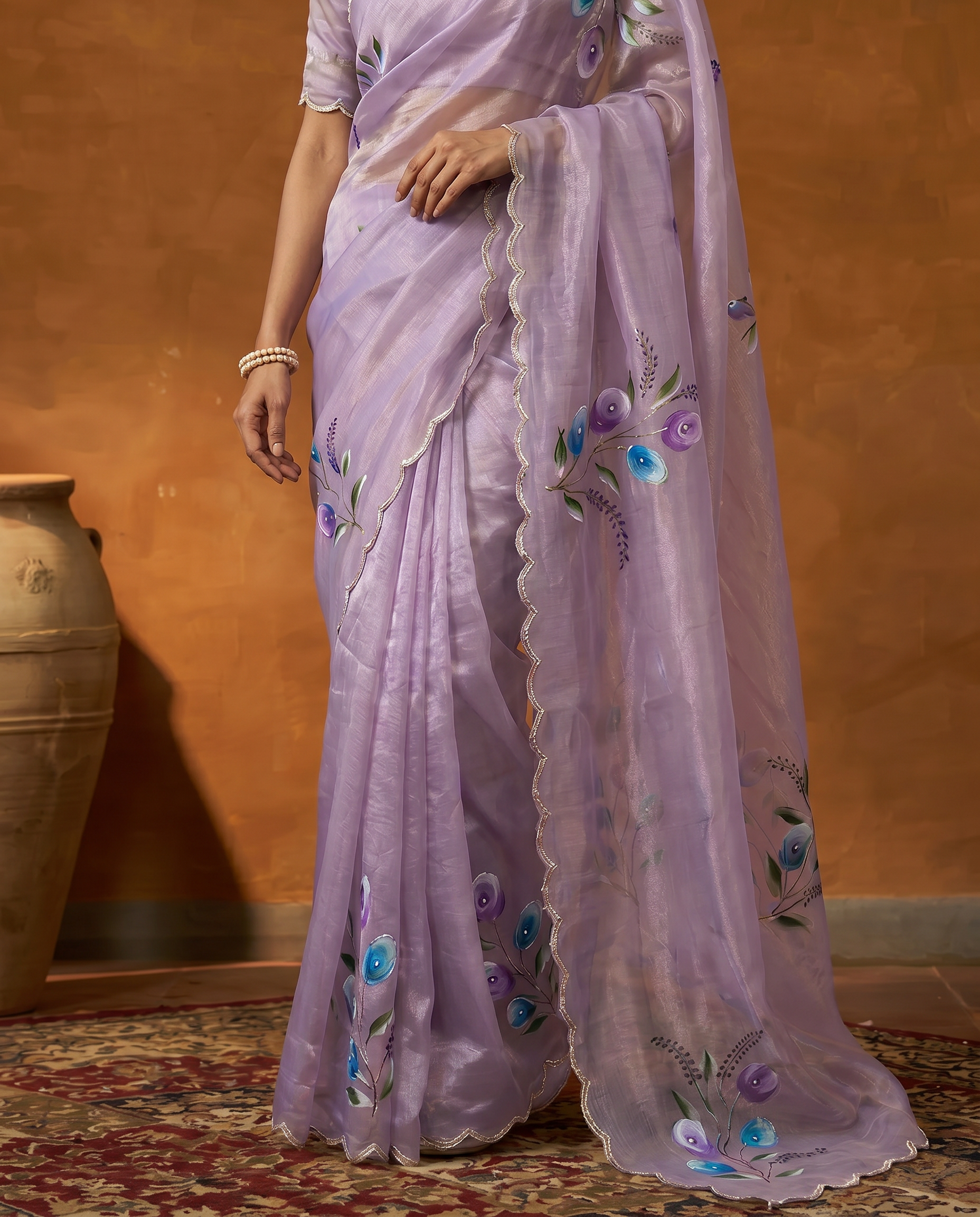 Elegant Golden Organza Saree with Floral Embroidery & Designer Blouse - output 4 - 05 lower closeup