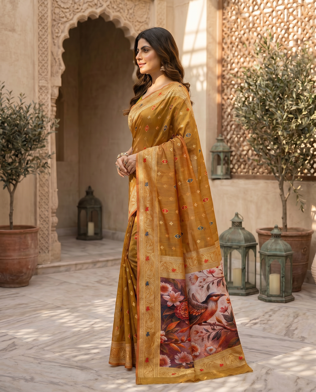 Elegant Green Designer Saree with Floral Printed Pallu – Festive & Traditional Wear - output 1 - 03 side