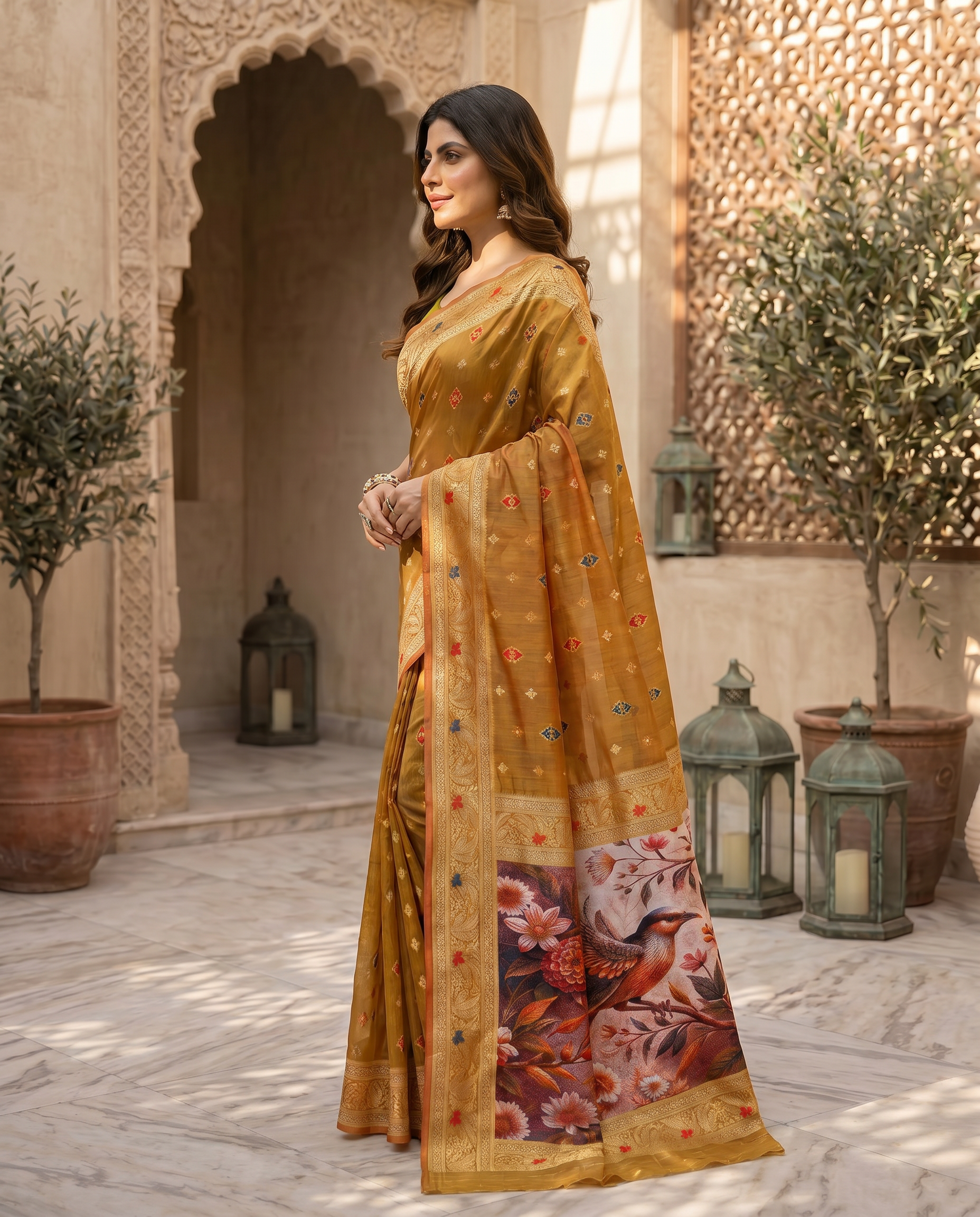 Elegant Green Designer Saree with Floral Printed Pallu – Festive & Traditional Wear - output 1 - 03 side