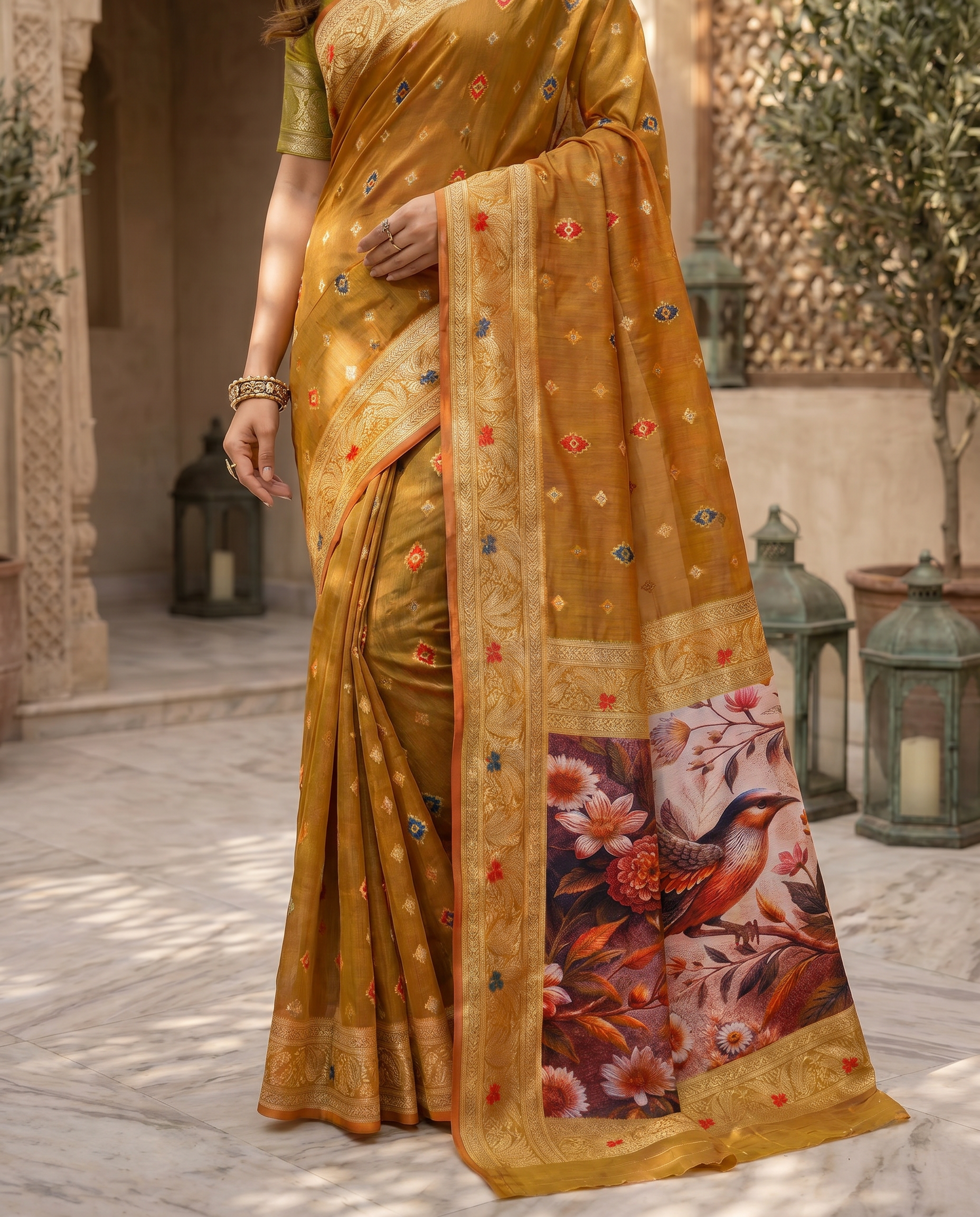Elegant Green Designer Saree with Floral Printed Pallu – Festive & Traditional Wear - output 1 - 05 lower closeup