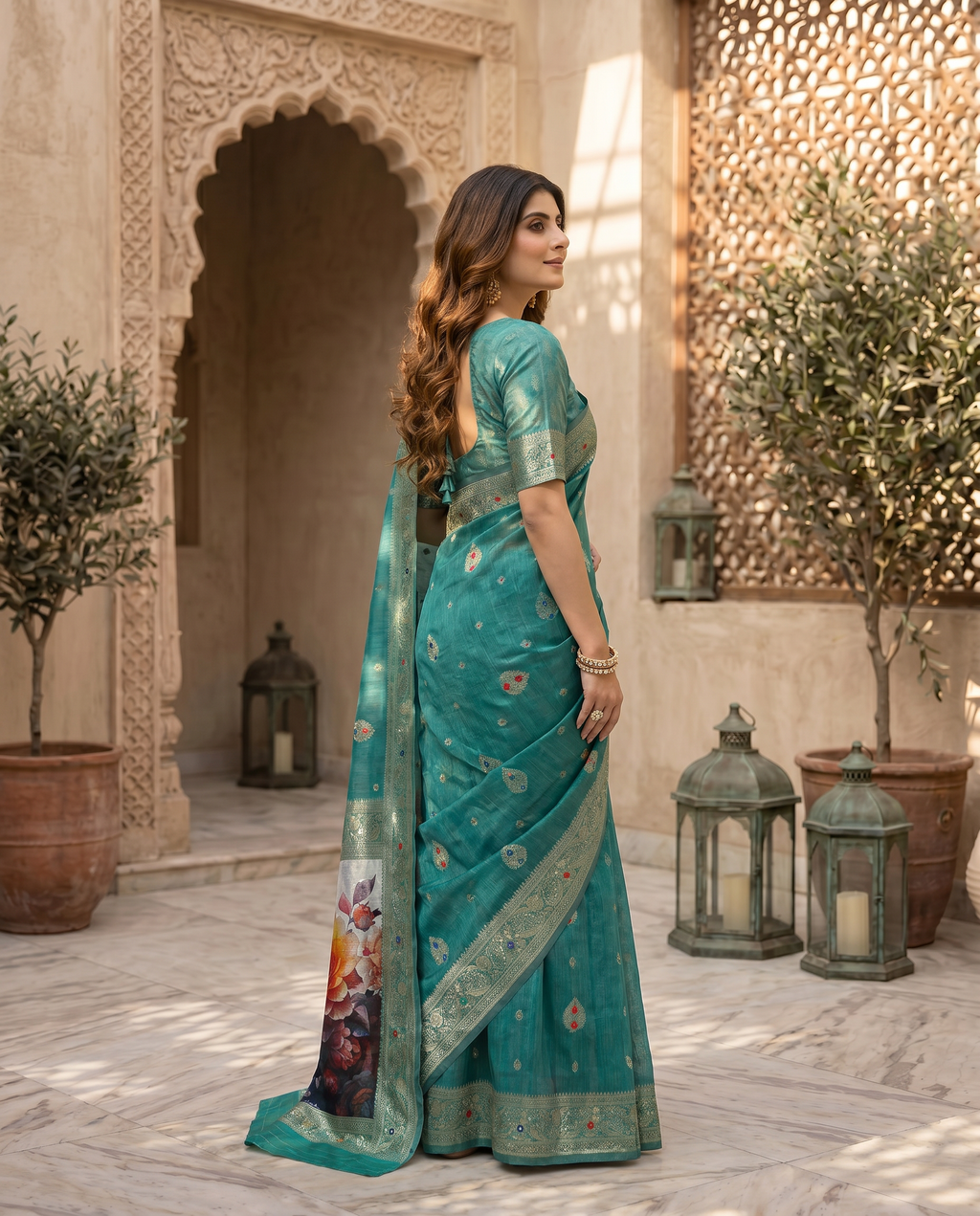 Elegant Green Designer Saree with Floral Printed Pallu – Festive & Traditional Wear - output 3 - 03 side