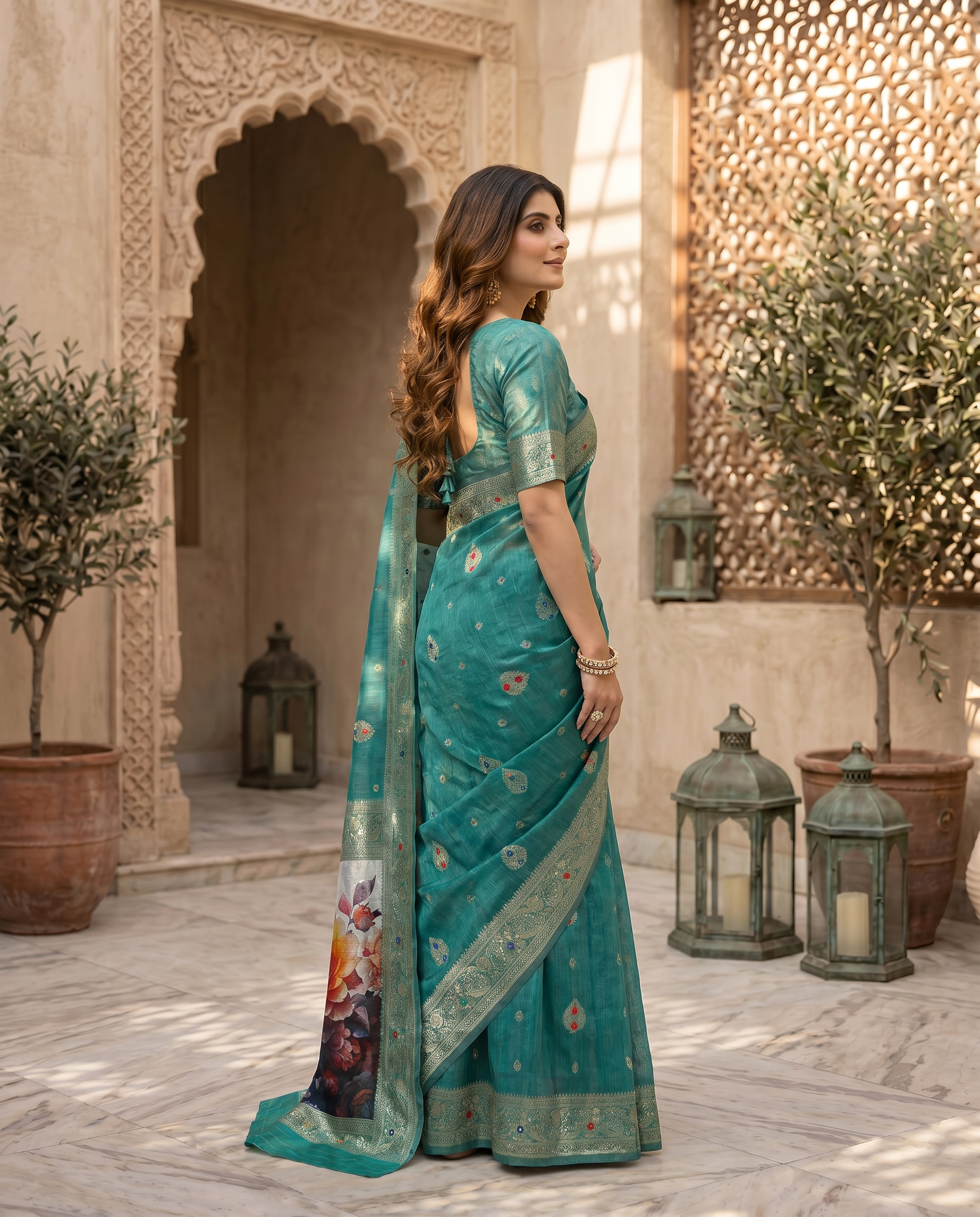 Elegant Green Designer Saree with Floral Printed Pallu – Festive & Traditional Wear - output 3 - 03 side