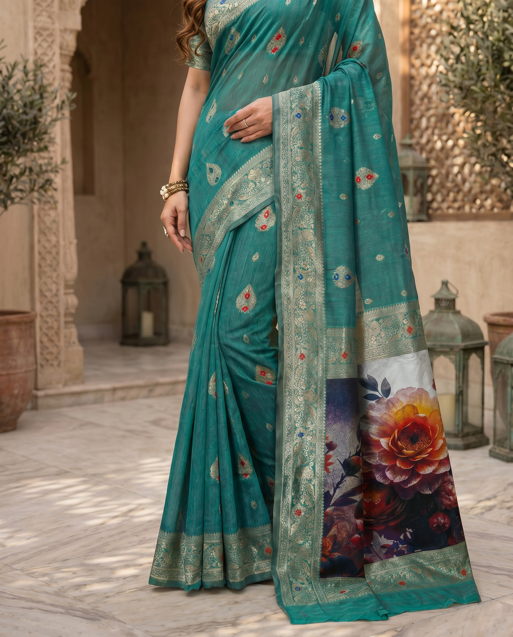 Elegant Green Designer Saree with Floral Printed Pallu – Festive & Traditional Wear - output 3 - 05 lower closeup