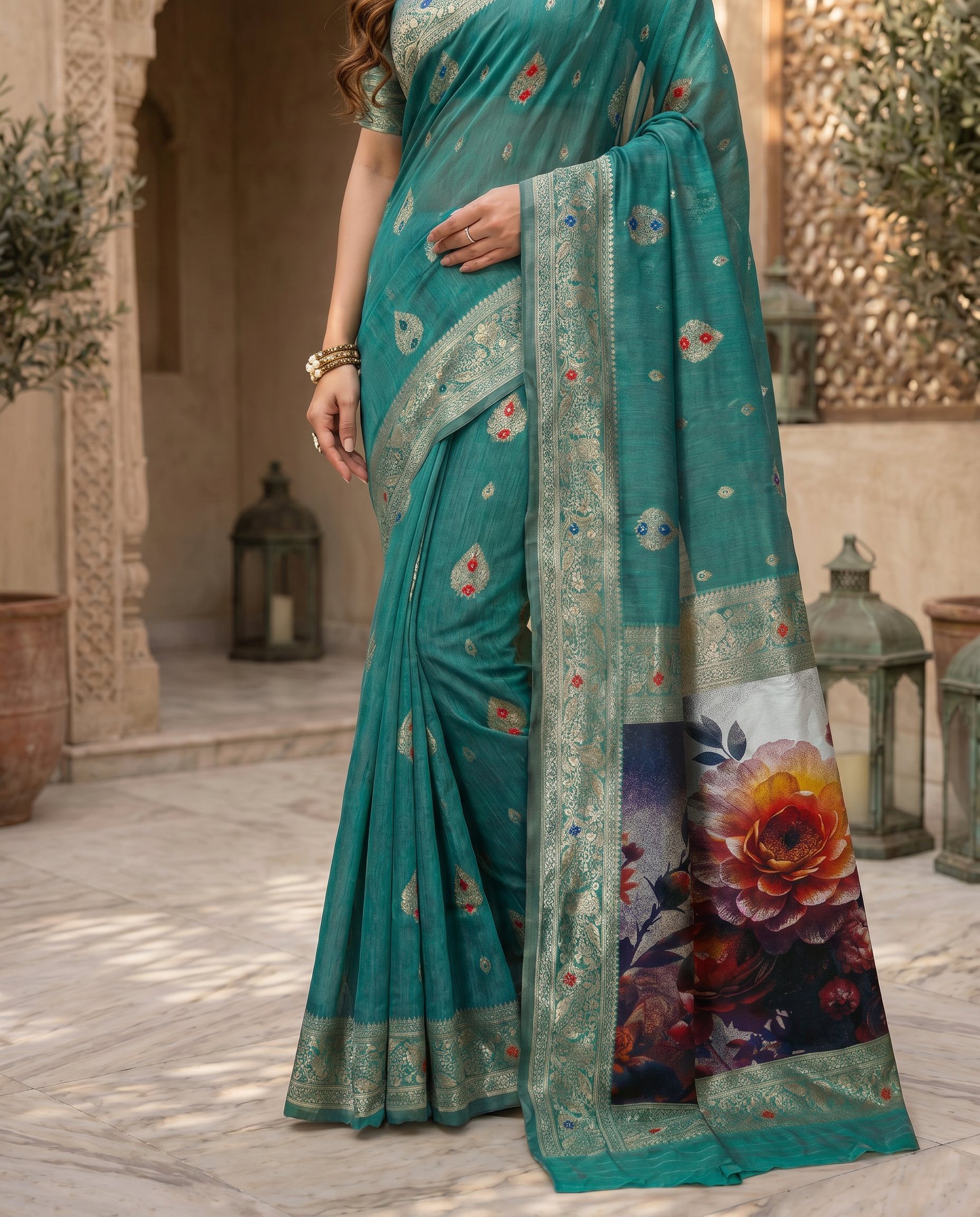 Elegant Green Designer Saree with Floral Printed Pallu – Festive & Traditional Wear - output 3 - 05 lower closeup