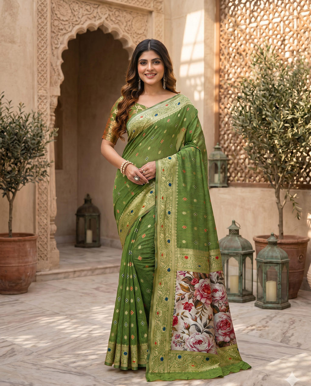 Elegant Green Designer Saree with Floral Printed Pallu – Festive & Traditional Wear - output 4 - 02 hero