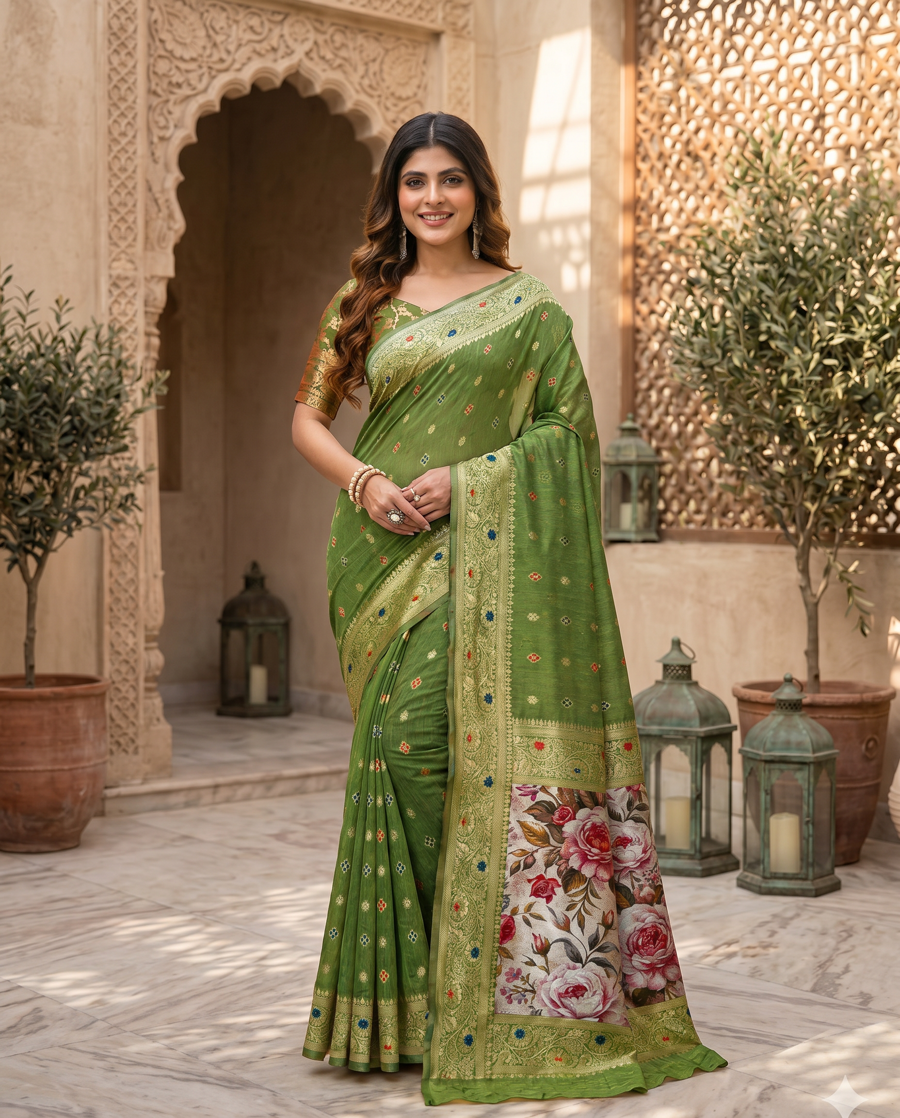 Elegant Green Designer Saree with Floral Printed Pallu – Festive & Traditional Wear - output 4 - 02 hero