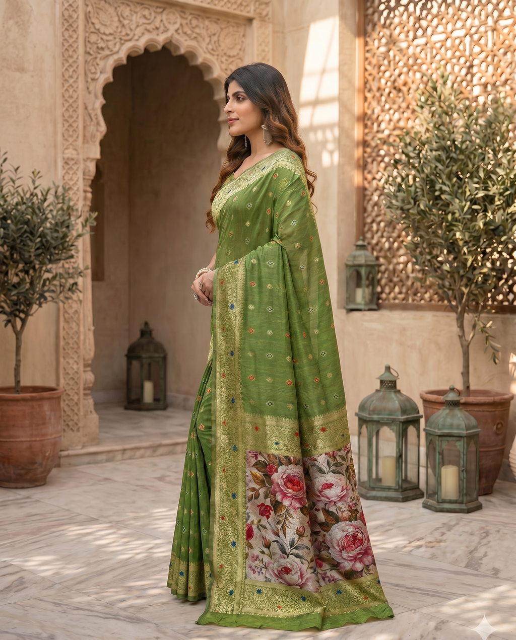 Elegant Green Designer Saree with Floral Printed Pallu – Festive & Traditional Wear - output 4 - 03 side