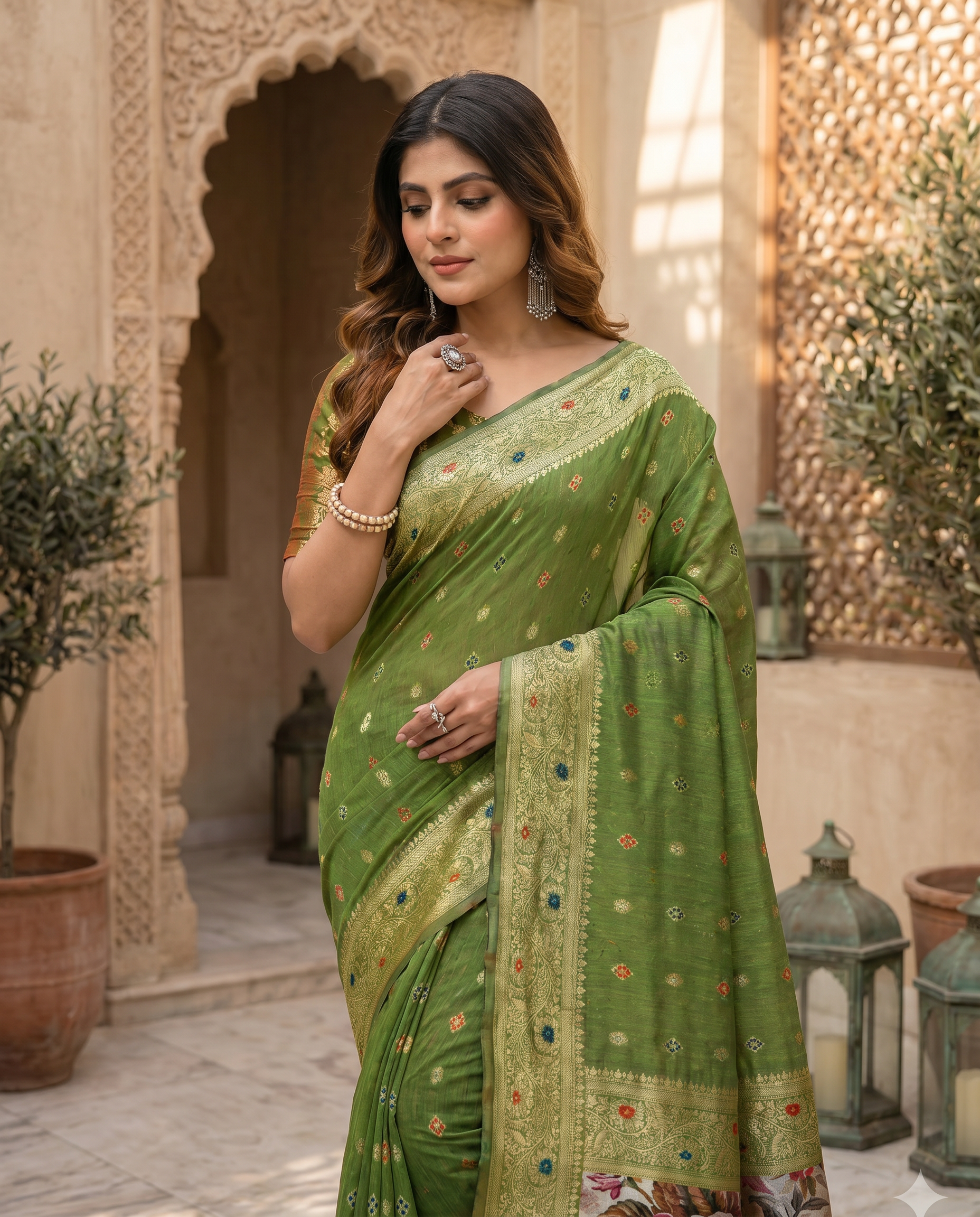 Elegant Green Designer Saree with Floral Printed Pallu – Festive & Traditional Wear - output 4 - 04 upper closeup
