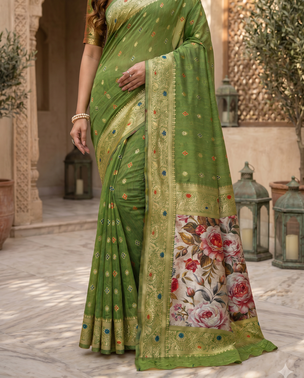 Elegant Green Designer Saree with Floral Printed Pallu – Festive & Traditional Wear - output 4 - 05 lower closeup