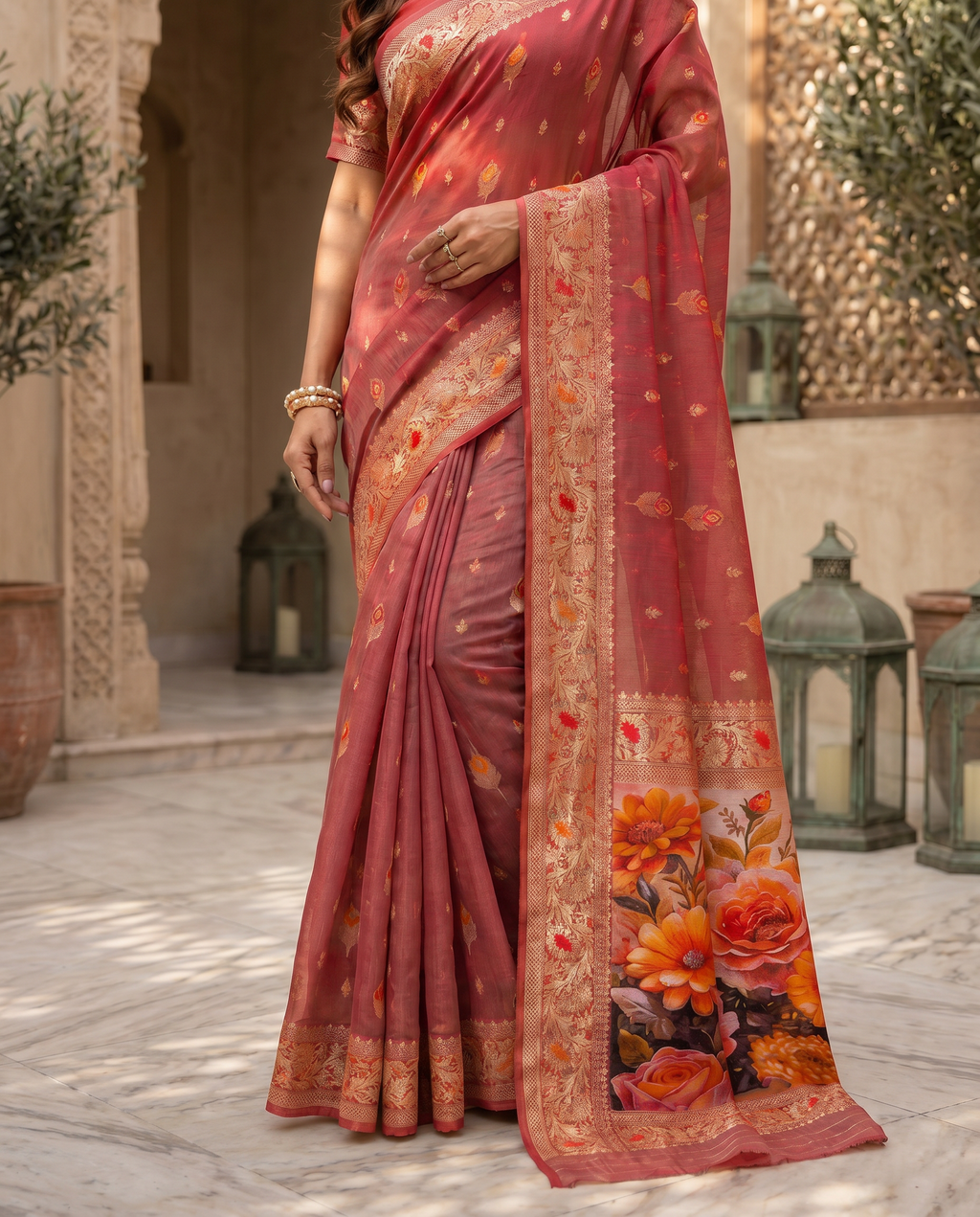 Elegant Green Designer Saree with Floral Printed Pallu – Festive & Traditional Wear - output 5 - 05 lower closeup