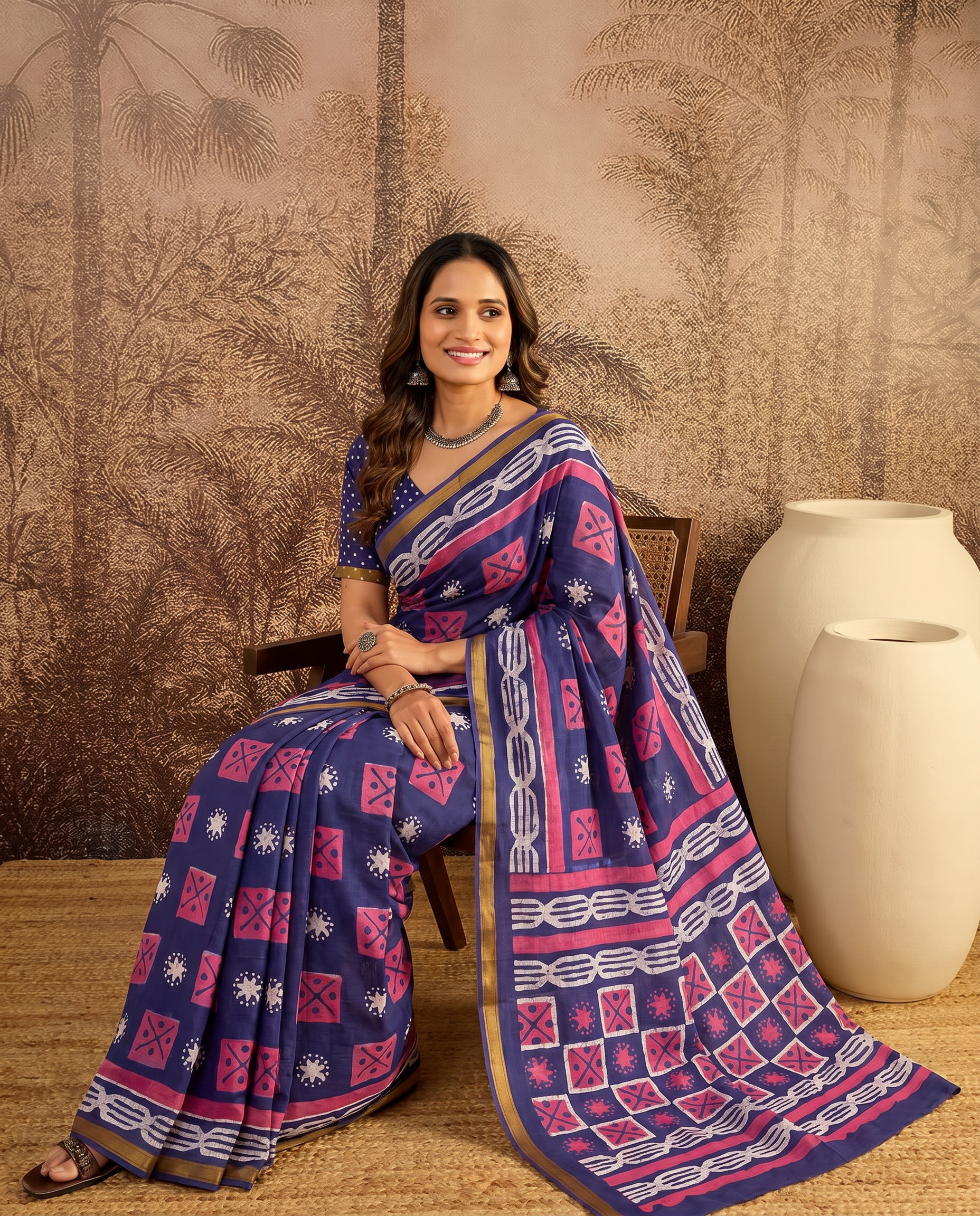 Elegant Indigo Blue Printed Pure Cotton Saree with Contrast Border - output 0 - 02 hero