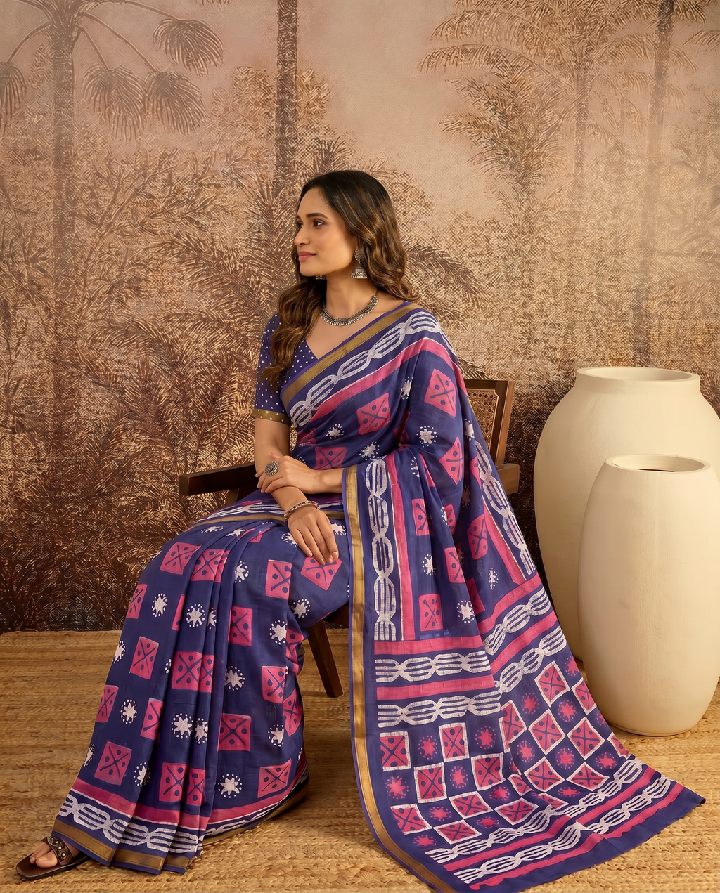 Elegant Indigo Blue Printed Pure Cotton Saree with Contrast Border - output 0 - 03 side