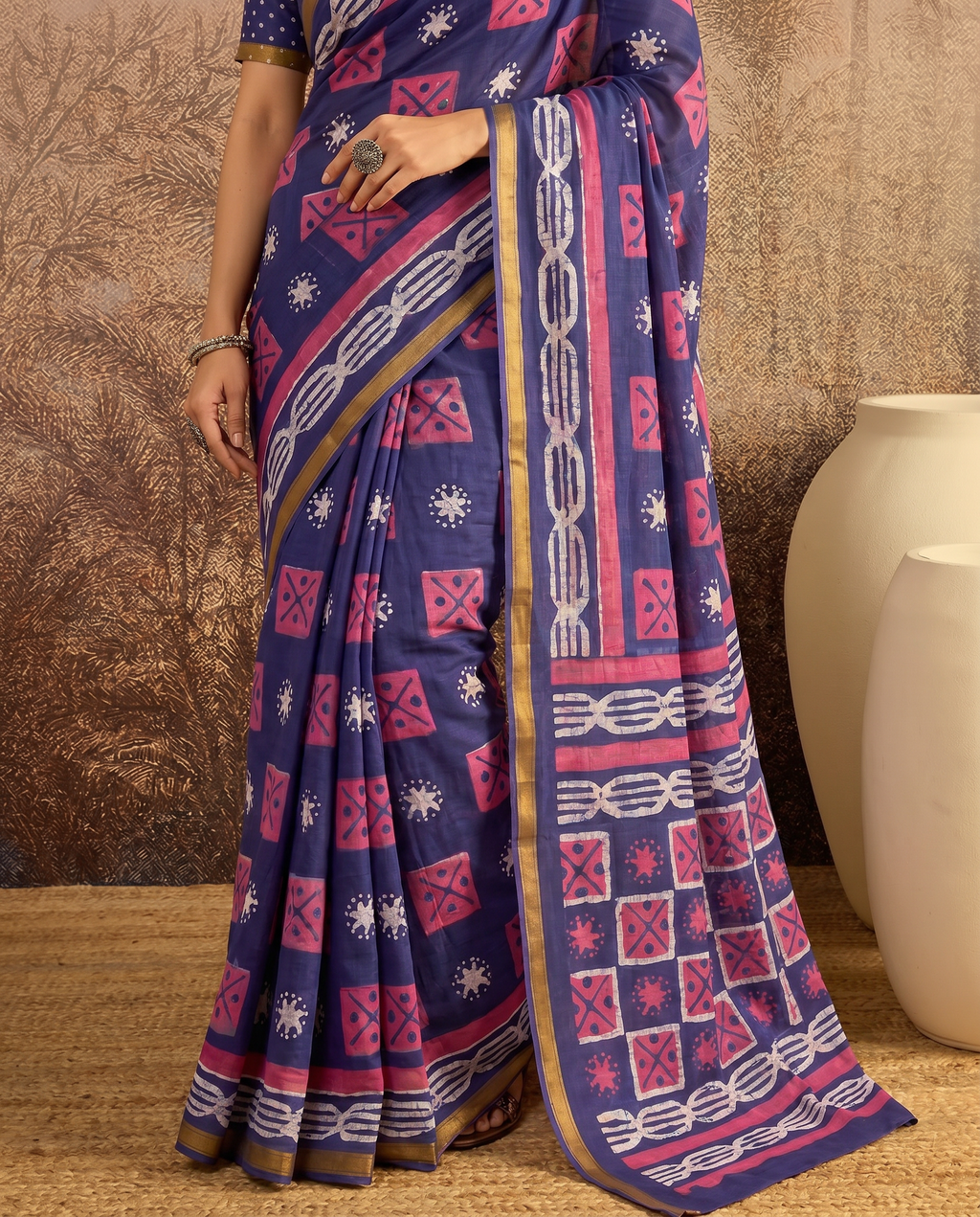 Elegant Indigo Blue Printed Pure Cotton Saree with Contrast Border - output 0 - 05 lower closeup