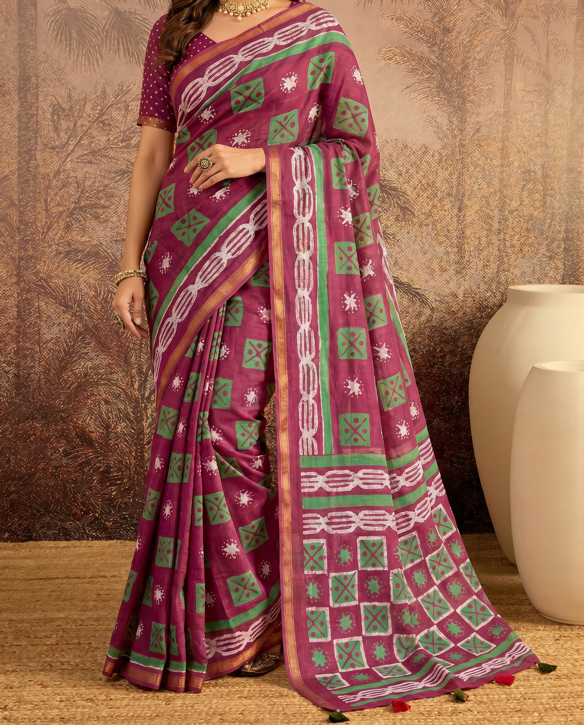 Elegant Indigo Blue Printed Pure Cotton Saree with Contrast Border - output 1 - 05 lower closeup