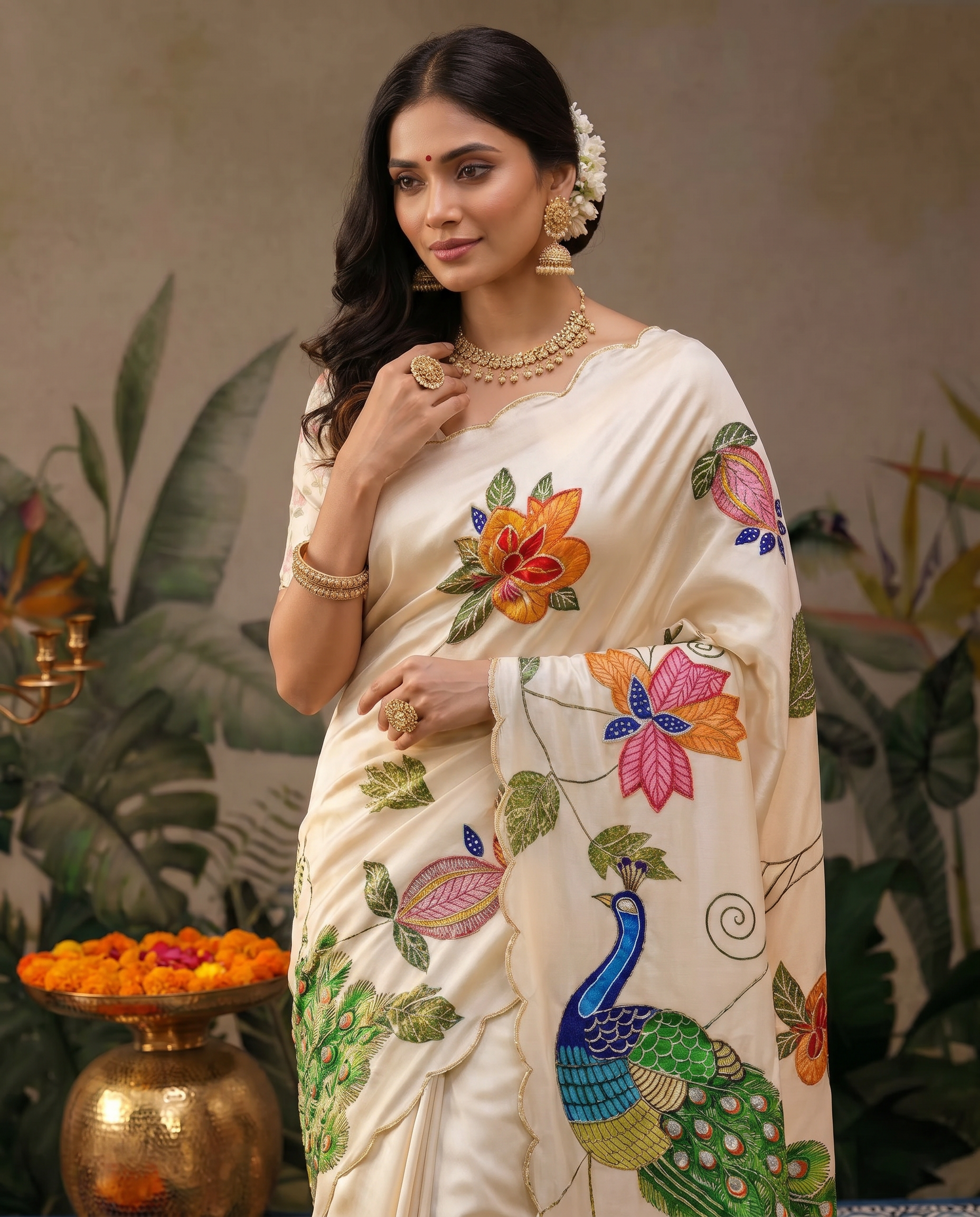 Elegant Ivory Saree with Peacock & Floral Embroidery – Festive Designer Wear - output 0 - 04 upper closeup