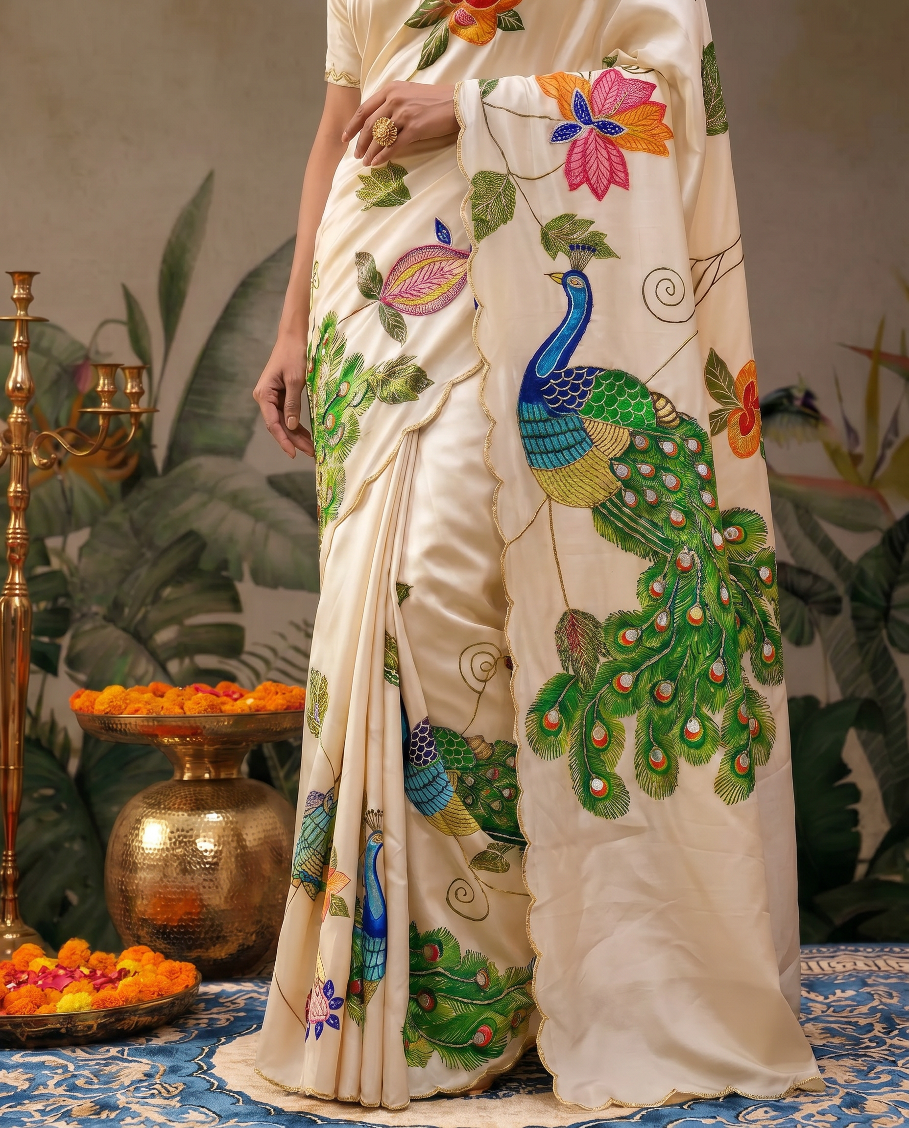 Elegant Ivory Saree with Peacock & Floral Embroidery – Festive Designer Wear - output 0 - 05 lower closeup