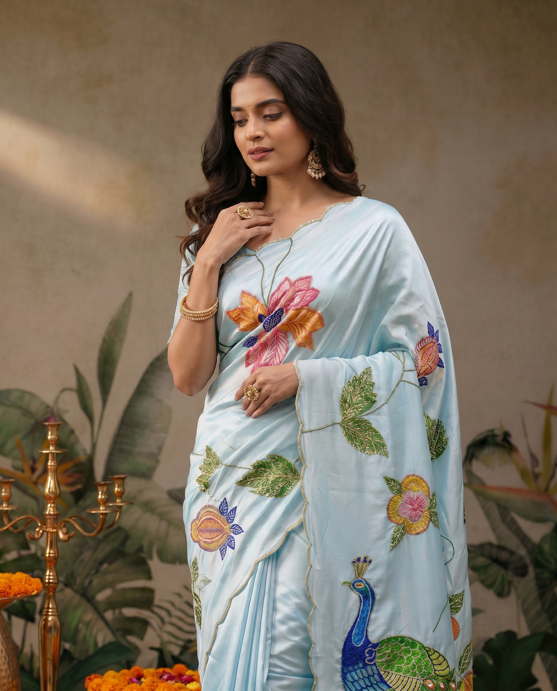 Elegant Ivory Saree with Peacock & Floral Embroidery – Festive Designer Wear - output 1 - 04 upper closeup