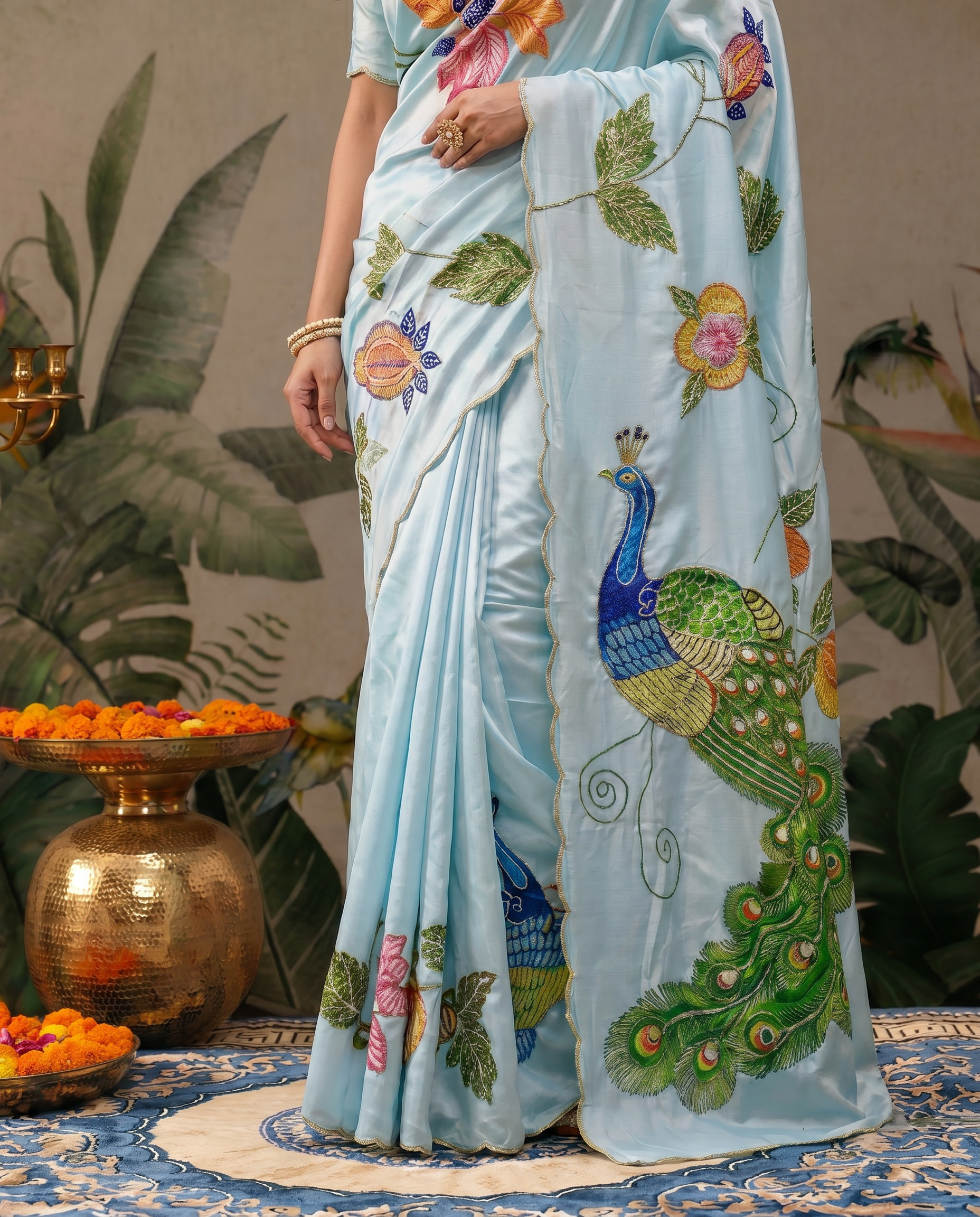 Elegant Ivory Saree with Peacock & Floral Embroidery – Festive Designer Wear - output 1 - 05 lower closeup