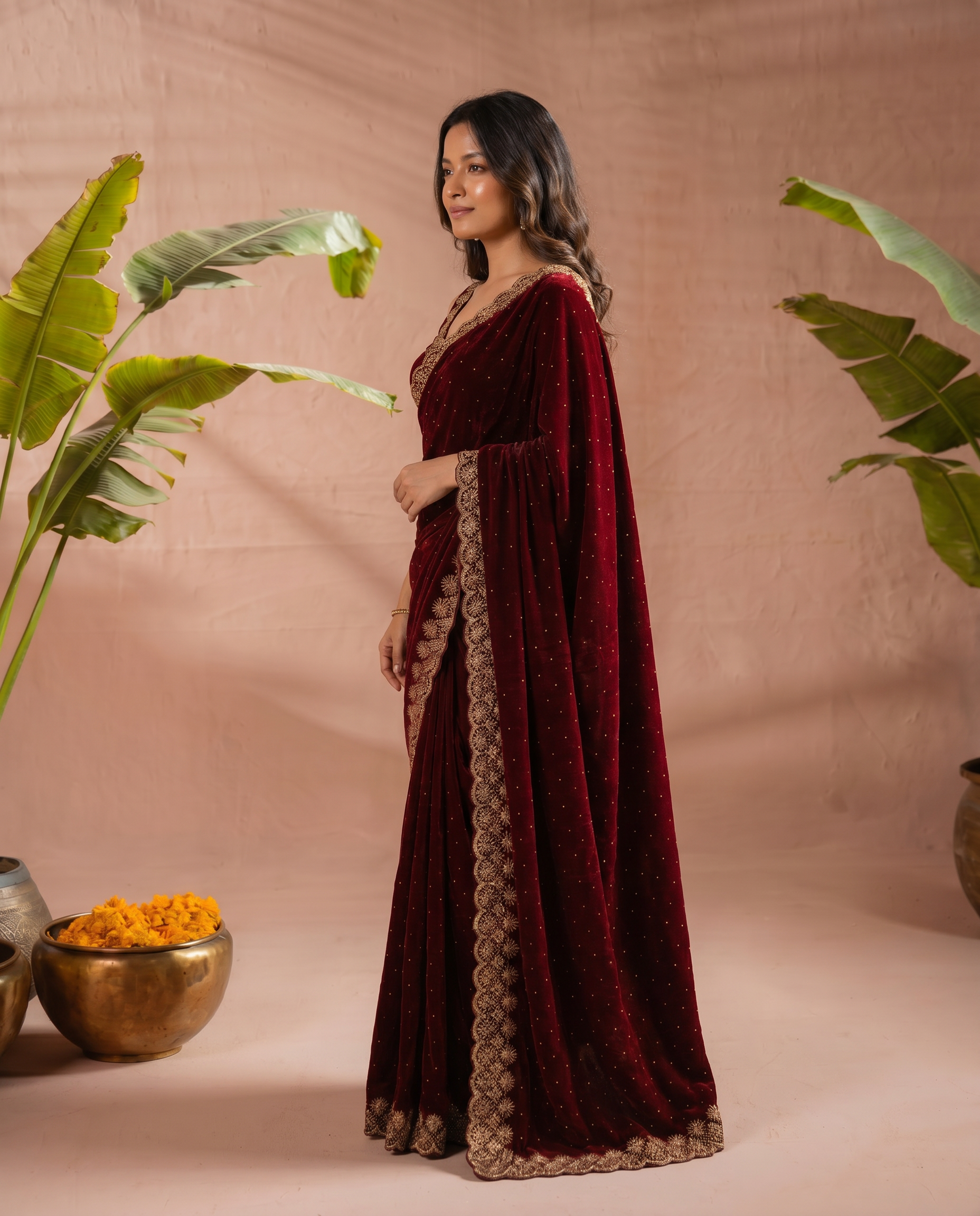 Elegant Maroon Georgette Saree with Golden Embroidered Border – Party & Festive Wear - output 0 - 03 side