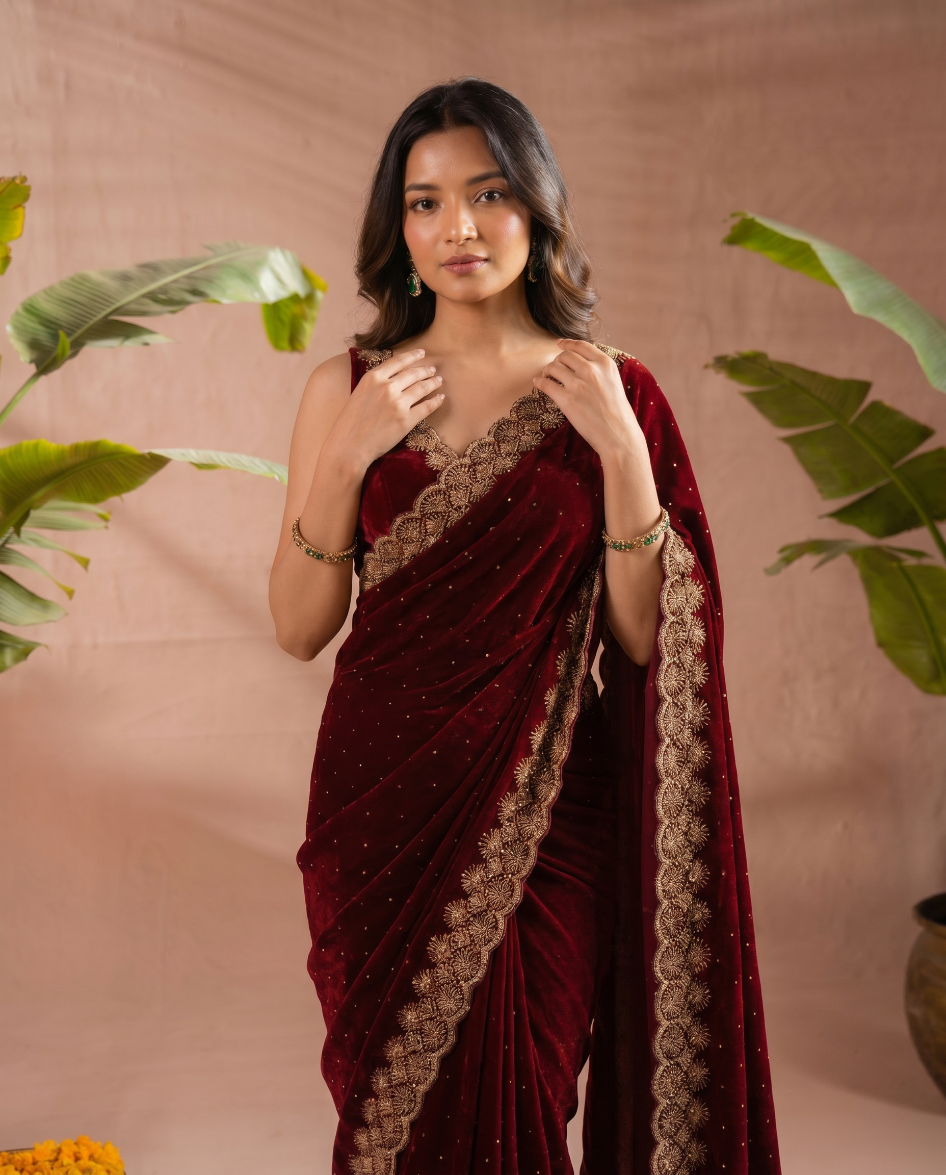 Elegant Maroon Georgette Saree with Golden Embroidered Border – Party & Festive Wear - output 0 - 04 upper closeup