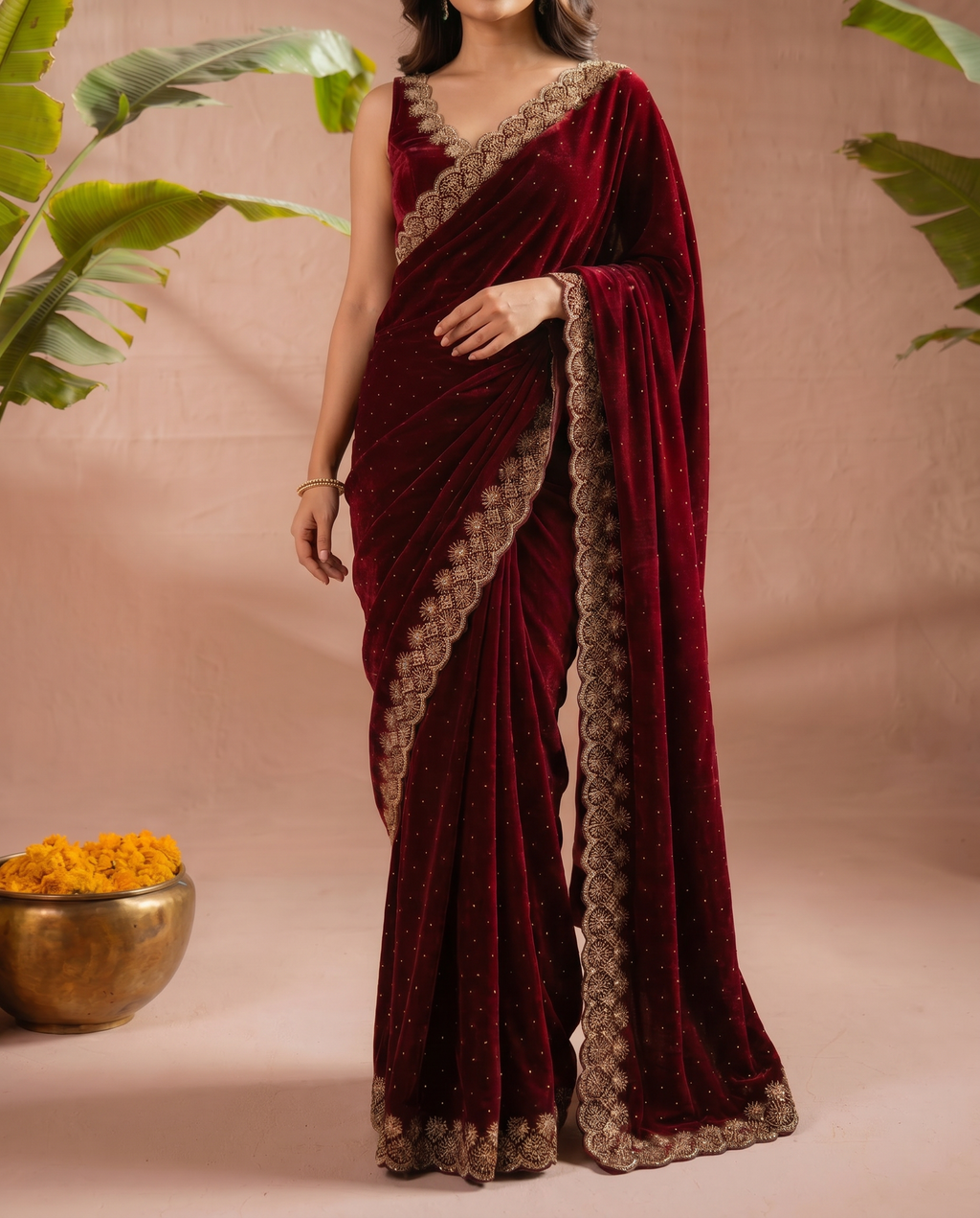 Elegant Maroon Georgette Saree with Golden Embroidered Border – Party & Festive Wear - output 0 - 05 lower closeup