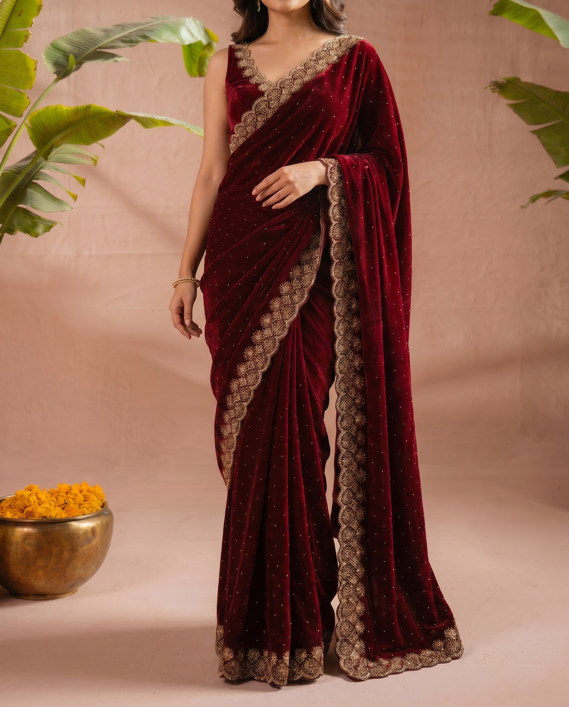 Elegant Maroon Georgette Saree with Golden Embroidered Border – Party & Festive Wear - output 0 - 05 lower closeup