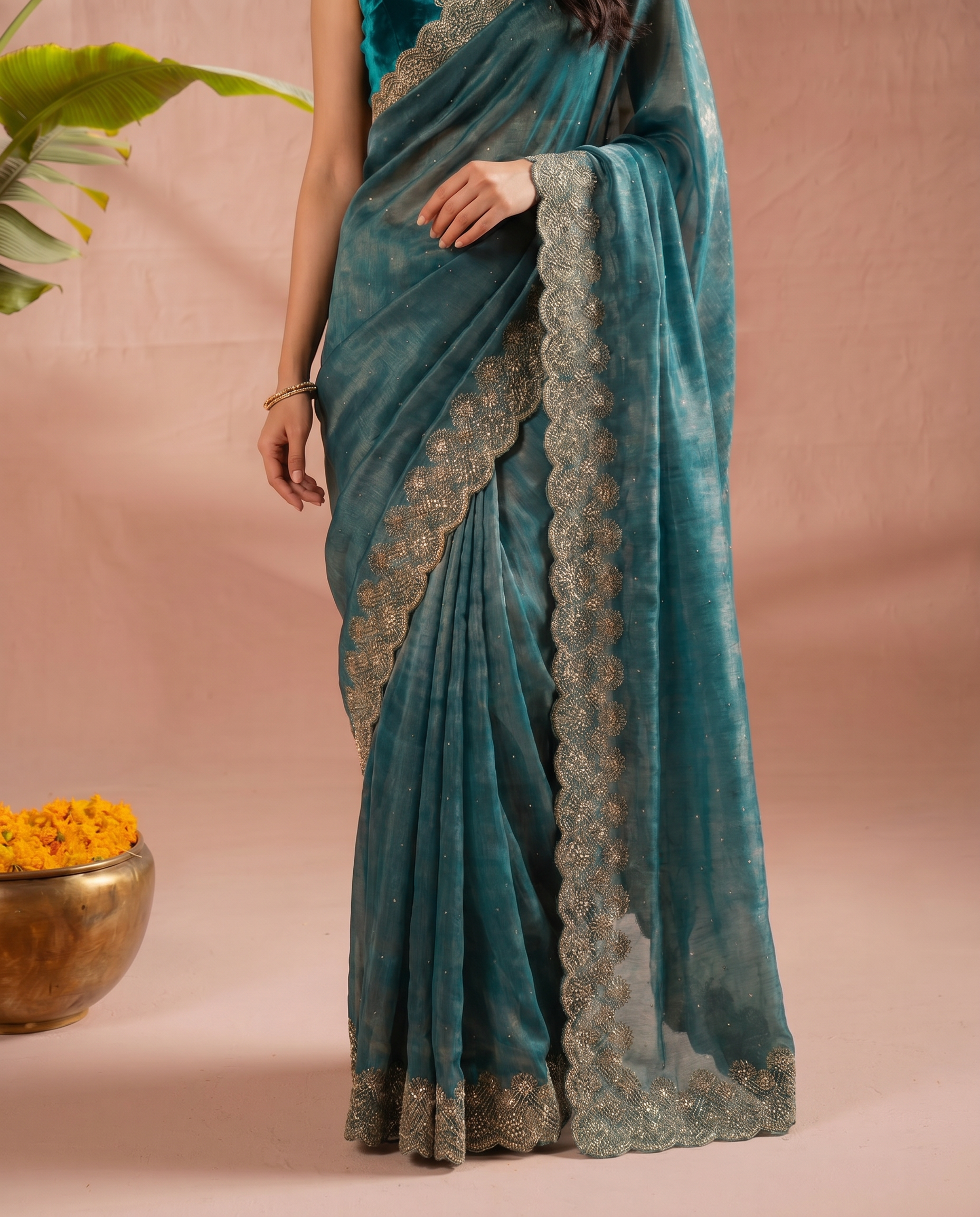 Elegant Maroon Georgette Saree with Golden Embroidered Border – Party & Festive Wear - output 1 - 05 lower closeup