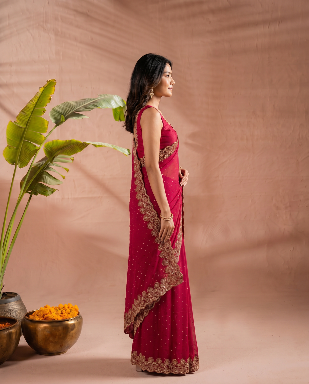 Elegant Maroon Georgette Saree with Golden Embroidered Border – Party & Festive Wear - output 5 - 03 side
