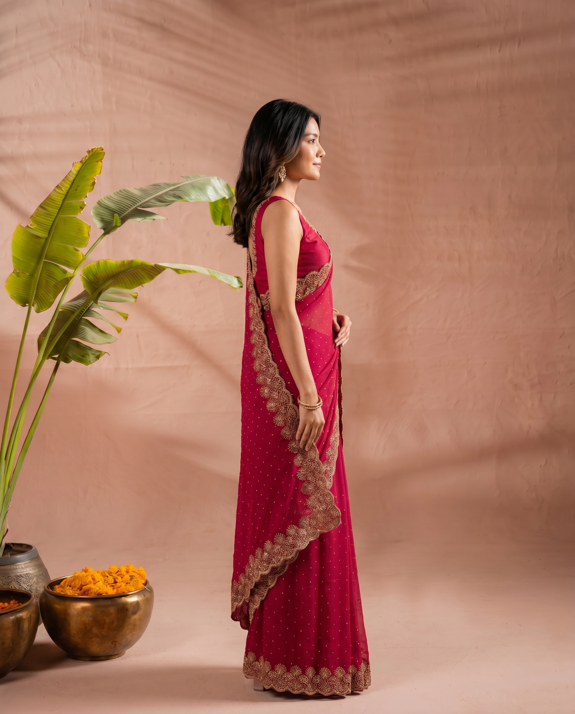 Elegant Maroon Georgette Saree with Golden Embroidered Border – Party & Festive Wear - output 5 - 03 side