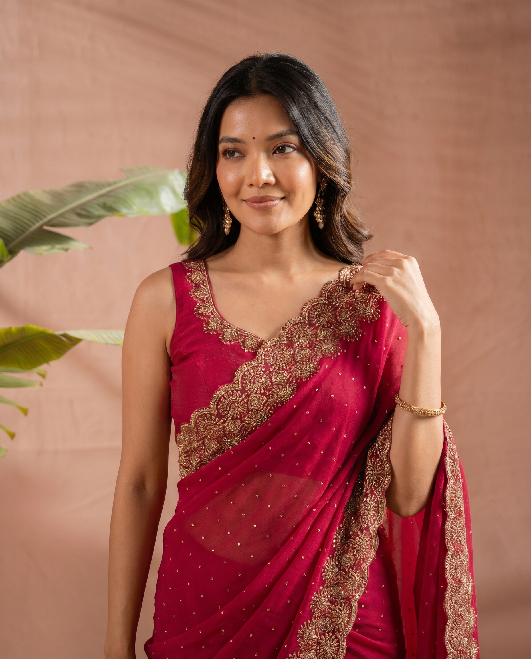 Elegant Maroon Georgette Saree with Golden Embroidered Border – Party & Festive Wear - output 5 - 04 upper closeup