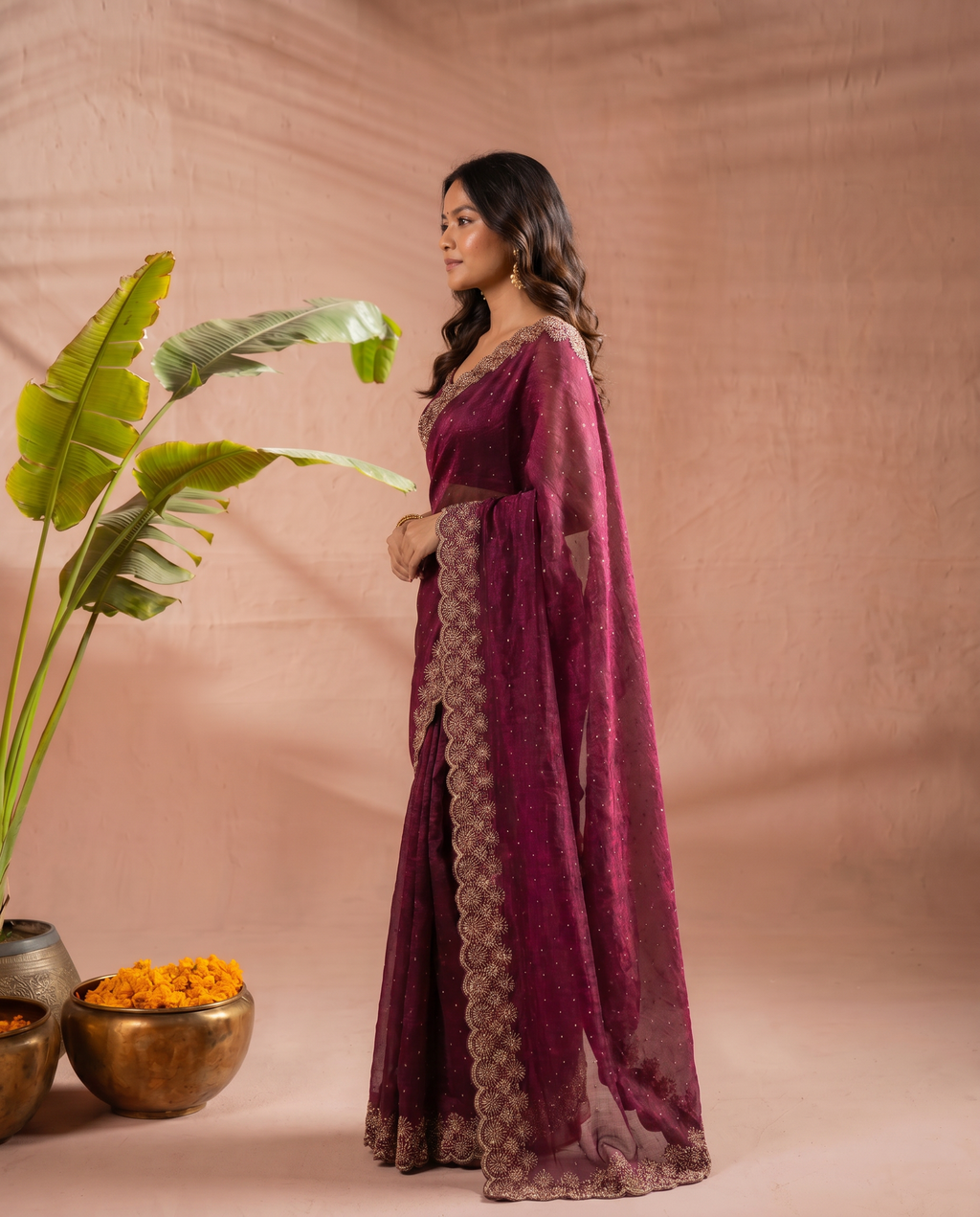 Elegant Maroon Georgette Saree with Golden Embroidered Border – Party & Festive Wear - output 7 - 03 side
