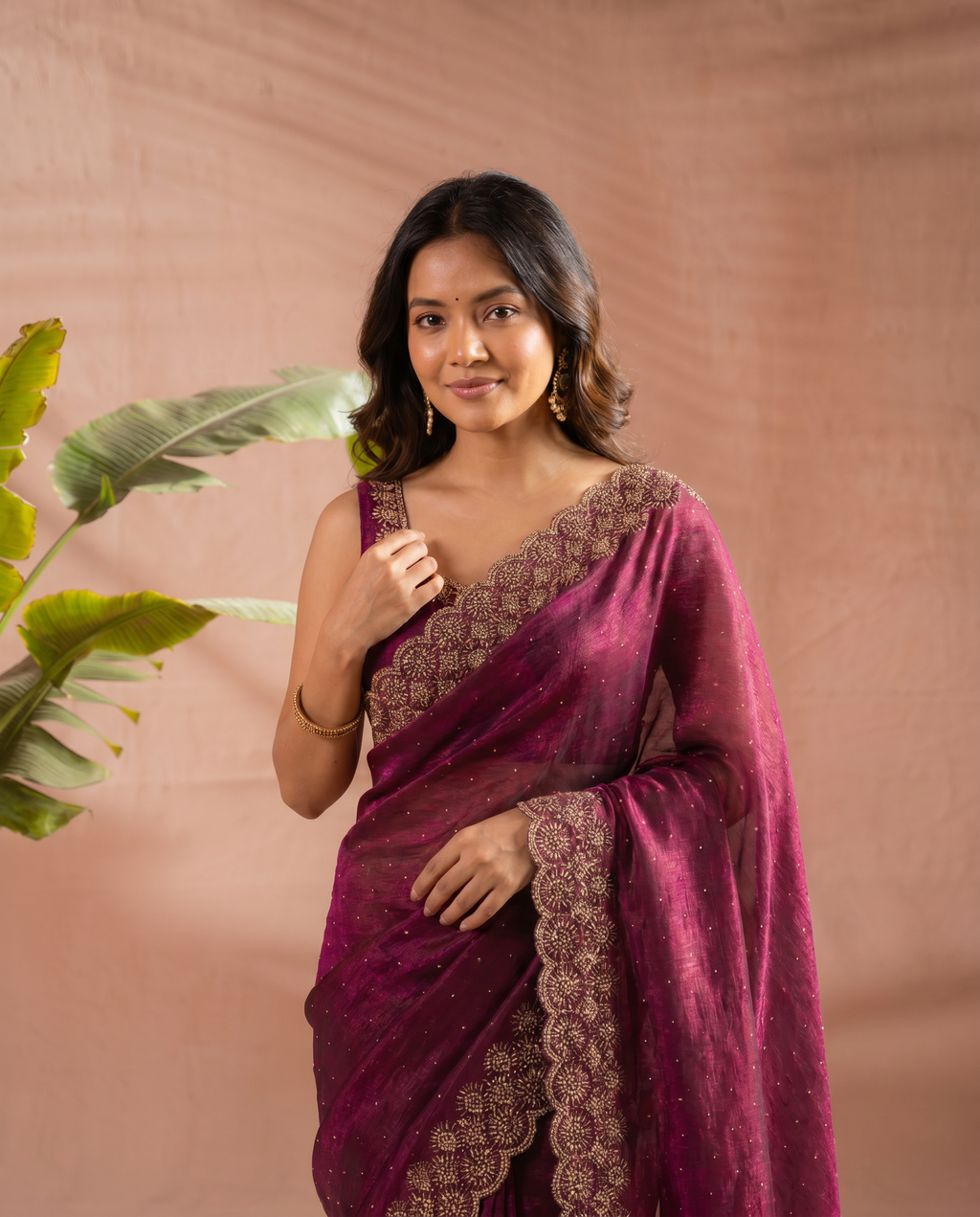 Elegant Maroon Georgette Saree with Golden Embroidered Border – Party & Festive Wear - output 7 - 04 upper closeup
