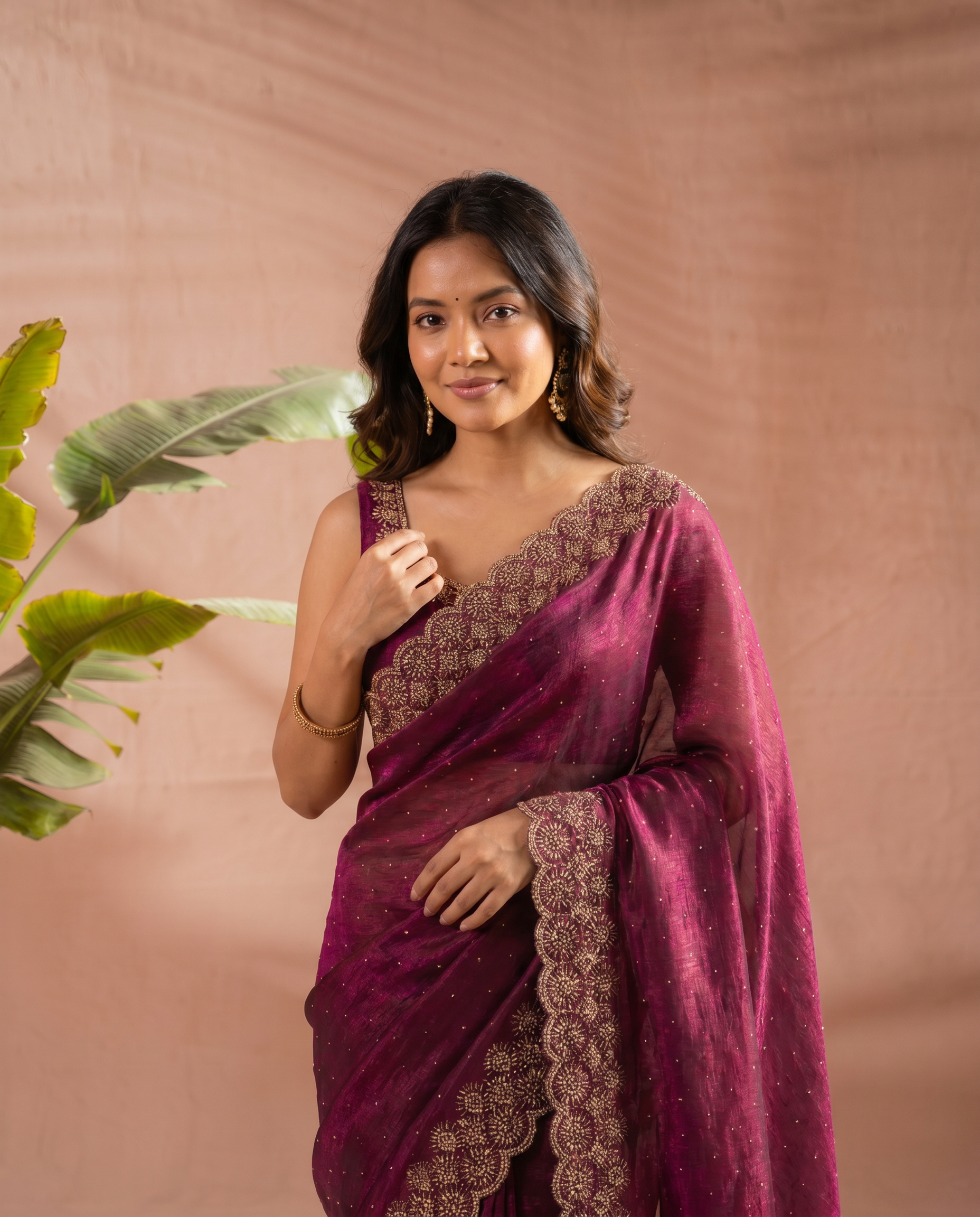 Elegant Maroon Georgette Saree with Golden Embroidered Border – Party & Festive Wear - output 7 - 04 upper closeup