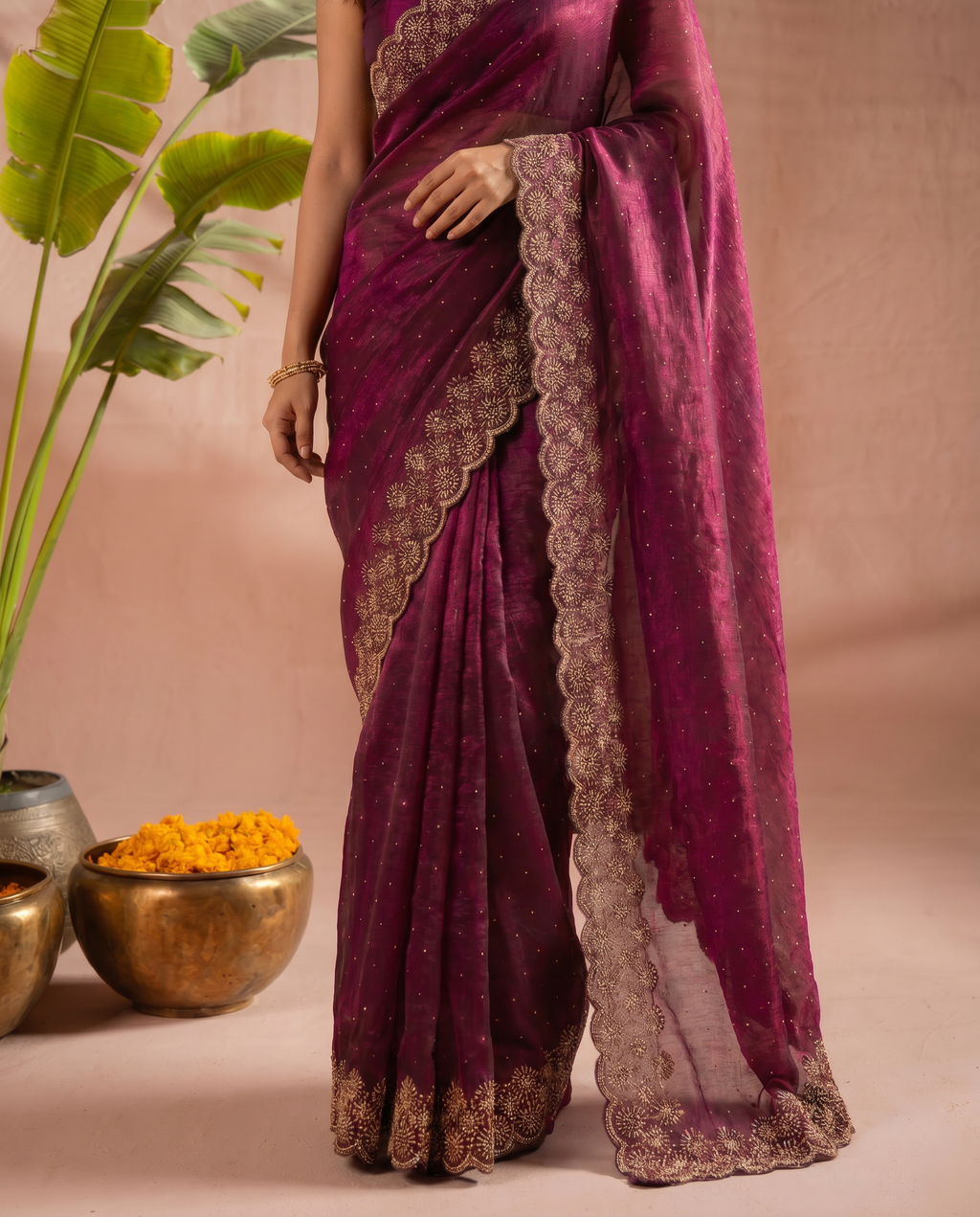 Elegant Maroon Georgette Saree with Golden Embroidered Border – Party & Festive Wear - output 7 - 05 lower closeup