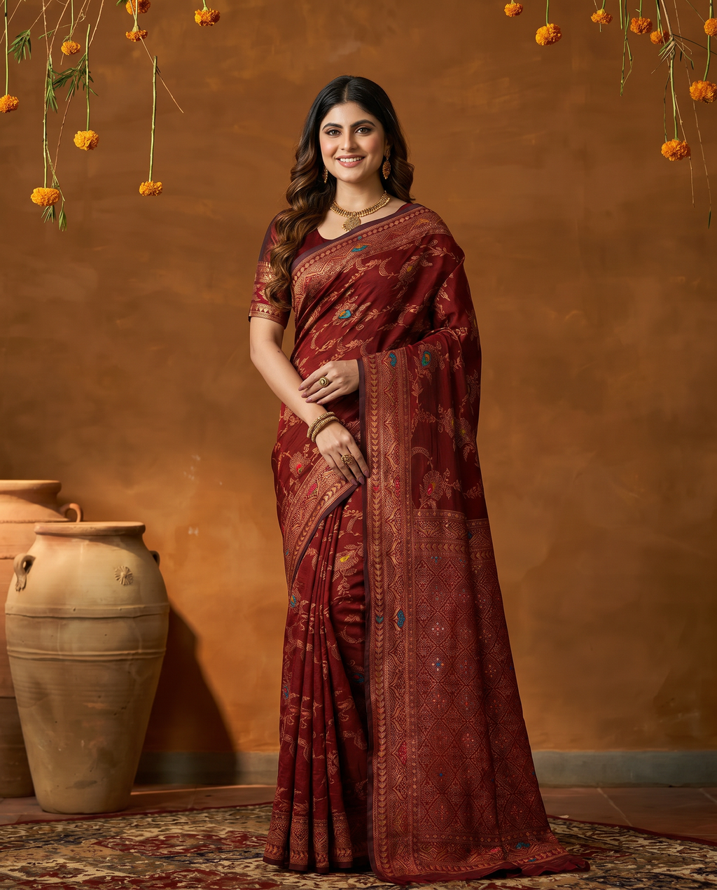 Elegant Maroon Zari Woven Banarasi Style Saree with Rich Designer Pallu – Wedding & Festive Wear - output 0 - 02 hero