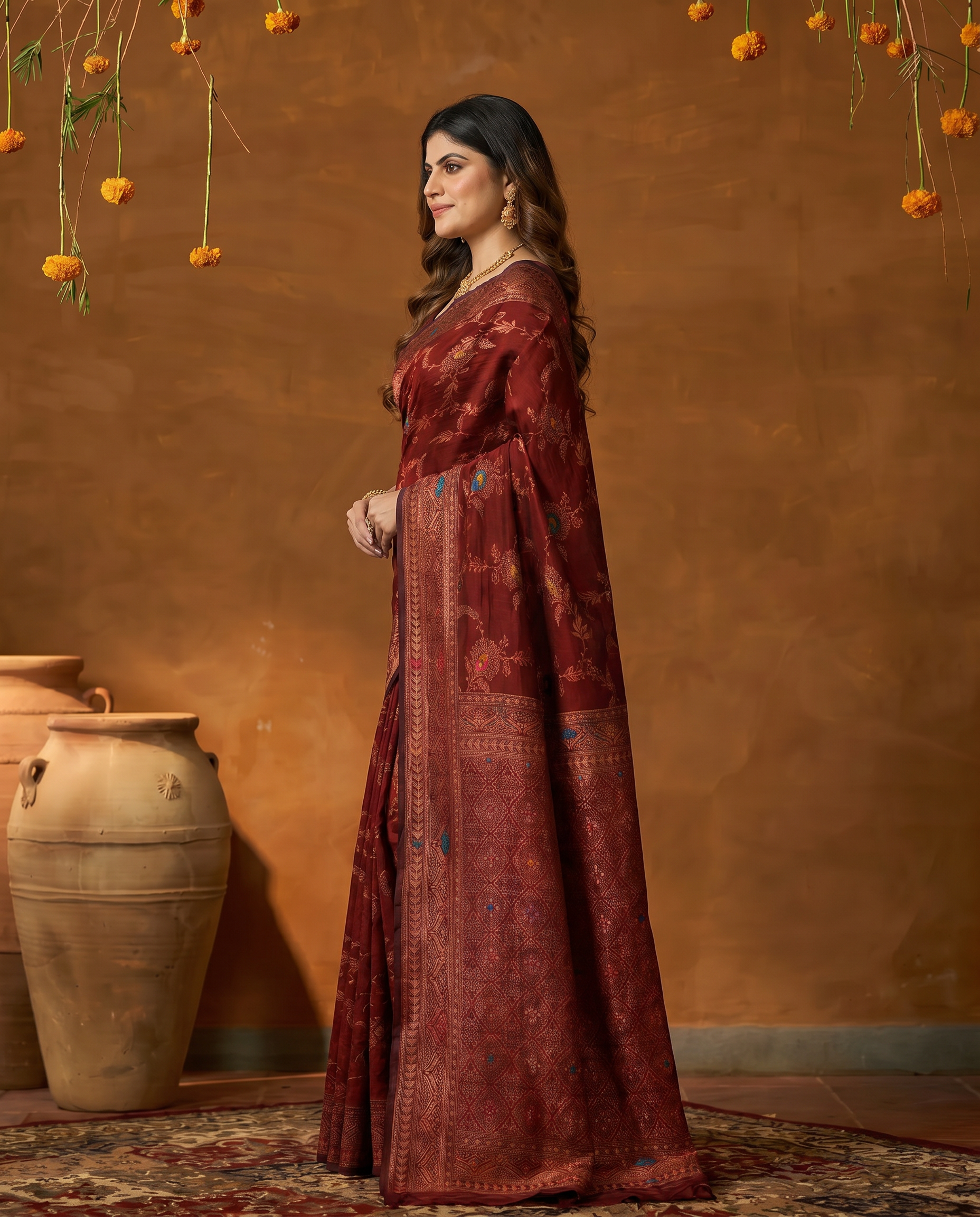 Elegant Maroon Zari Woven Banarasi Style Saree with Rich Designer Pallu – Wedding & Festive Wear - output 0 - 03 side