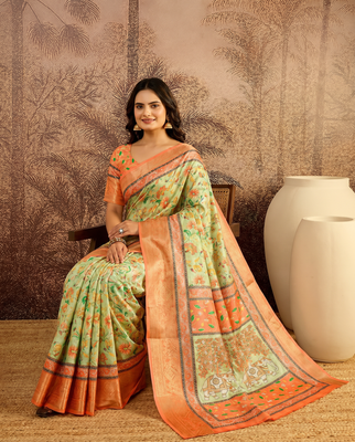 Elegant Mint Green Floral Silk Saree with Peach Border