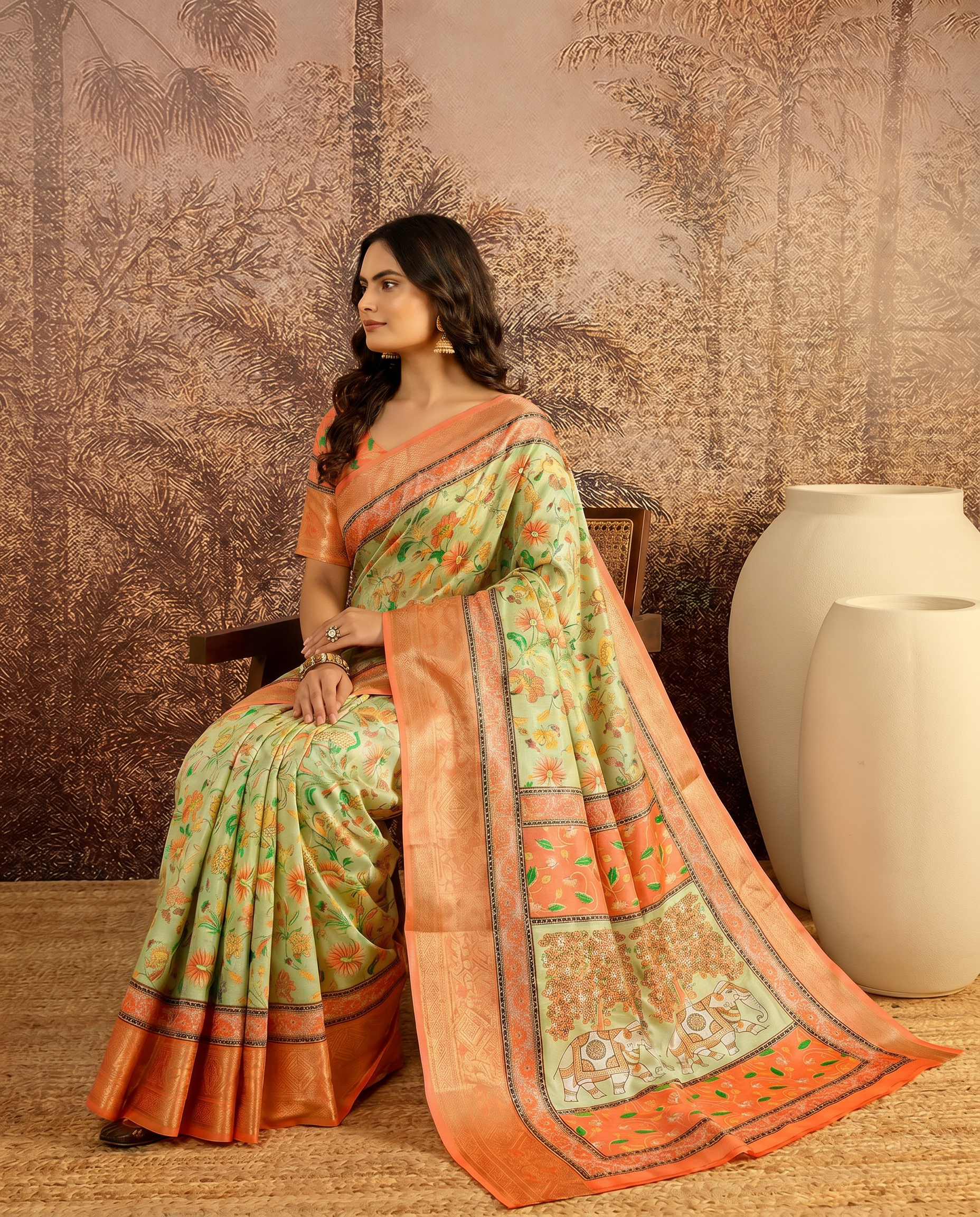 Elegant Mint Green Floral Silk Saree with Peach Border - output 0 - 03 side
