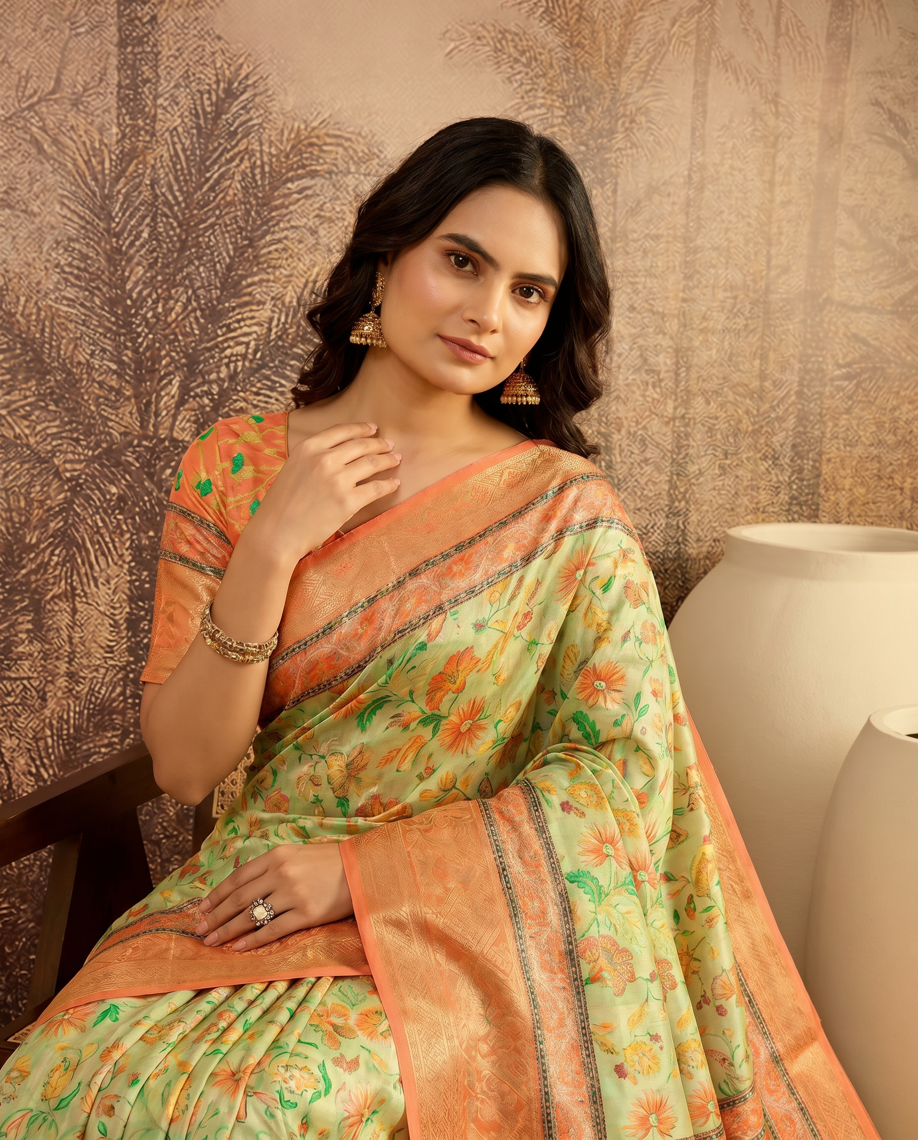 Elegant Mint Green Floral Silk Saree with Peach Border - output 0 - 04 upper closeup