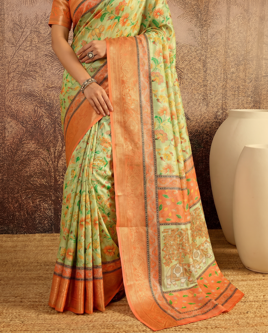 Elegant Mint Green Floral Silk Saree with Peach Border - output 0 - 05 lower closeup
