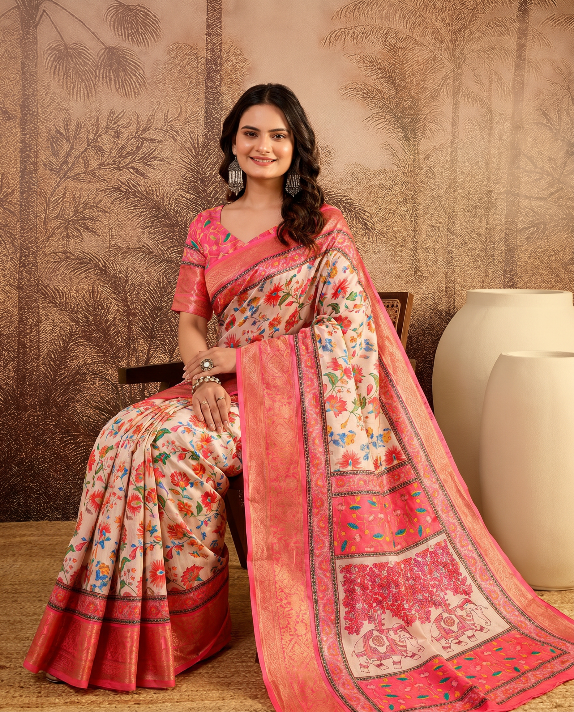 Elegant Mint Green Floral Silk Saree with Peach Border - output 1 - 02 hero