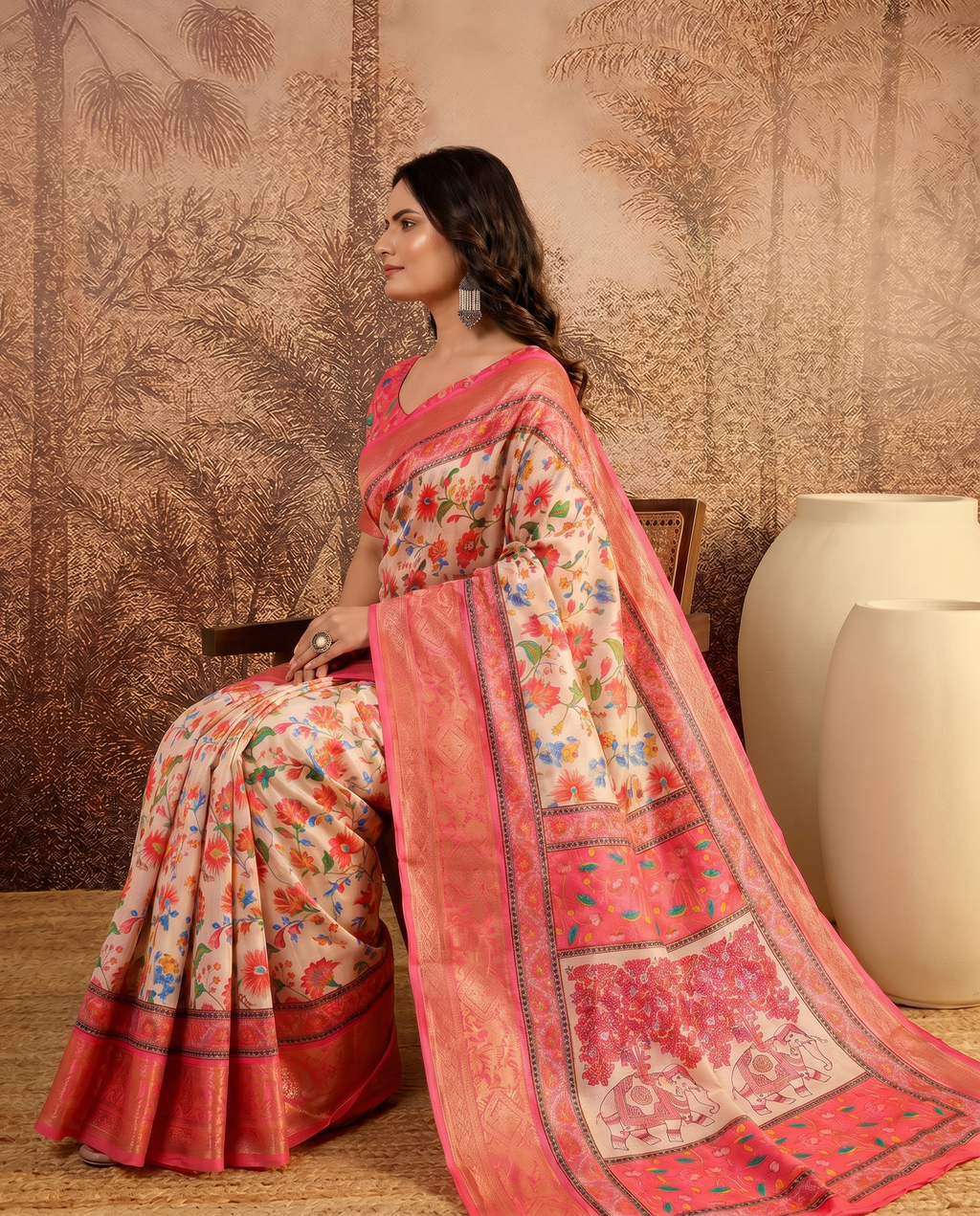 Elegant Mint Green Floral Silk Saree with Peach Border - output 1 - 03 side