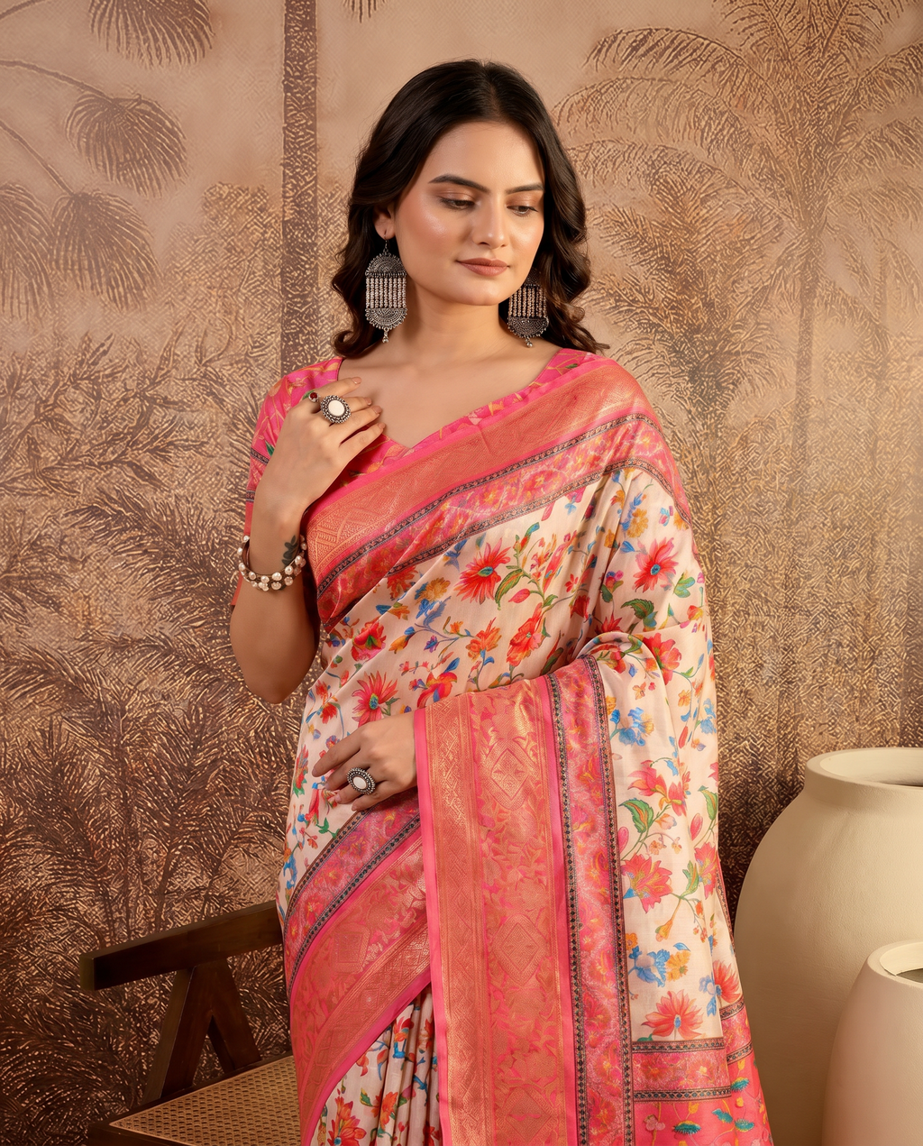 Elegant Mint Green Floral Silk Saree with Peach Border - output 1 - 04 upper closeup
