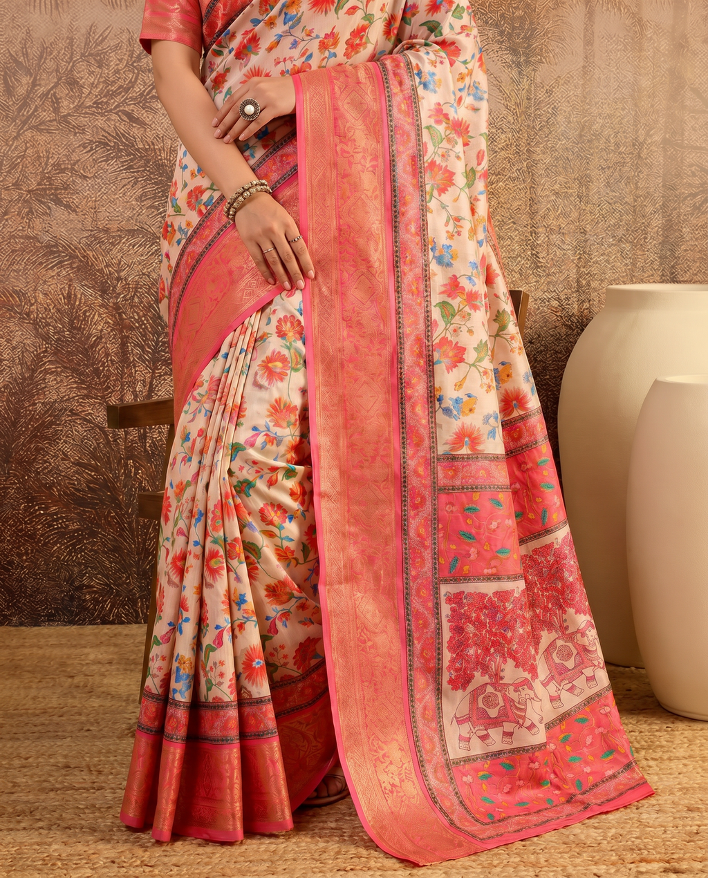 Elegant Mint Green Floral Silk Saree with Peach Border - output 1 - 05 lower closeup