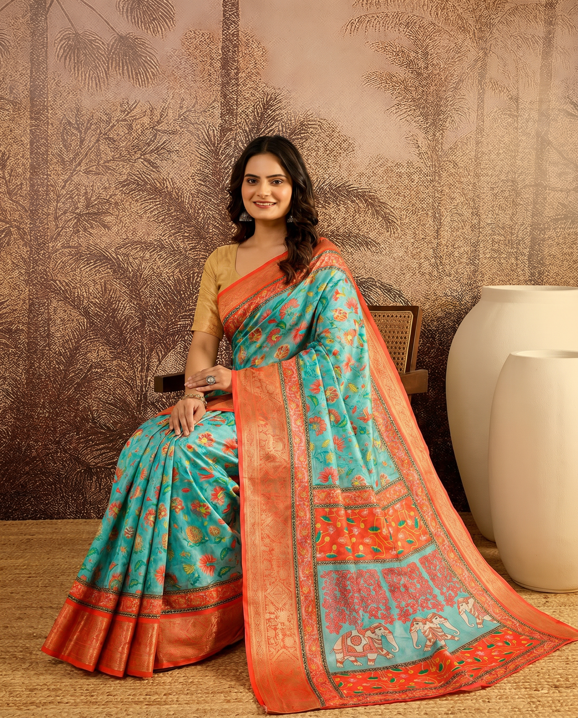 Elegant Mint Green Floral Silk Saree with Peach Border - output 2 - 02 hero