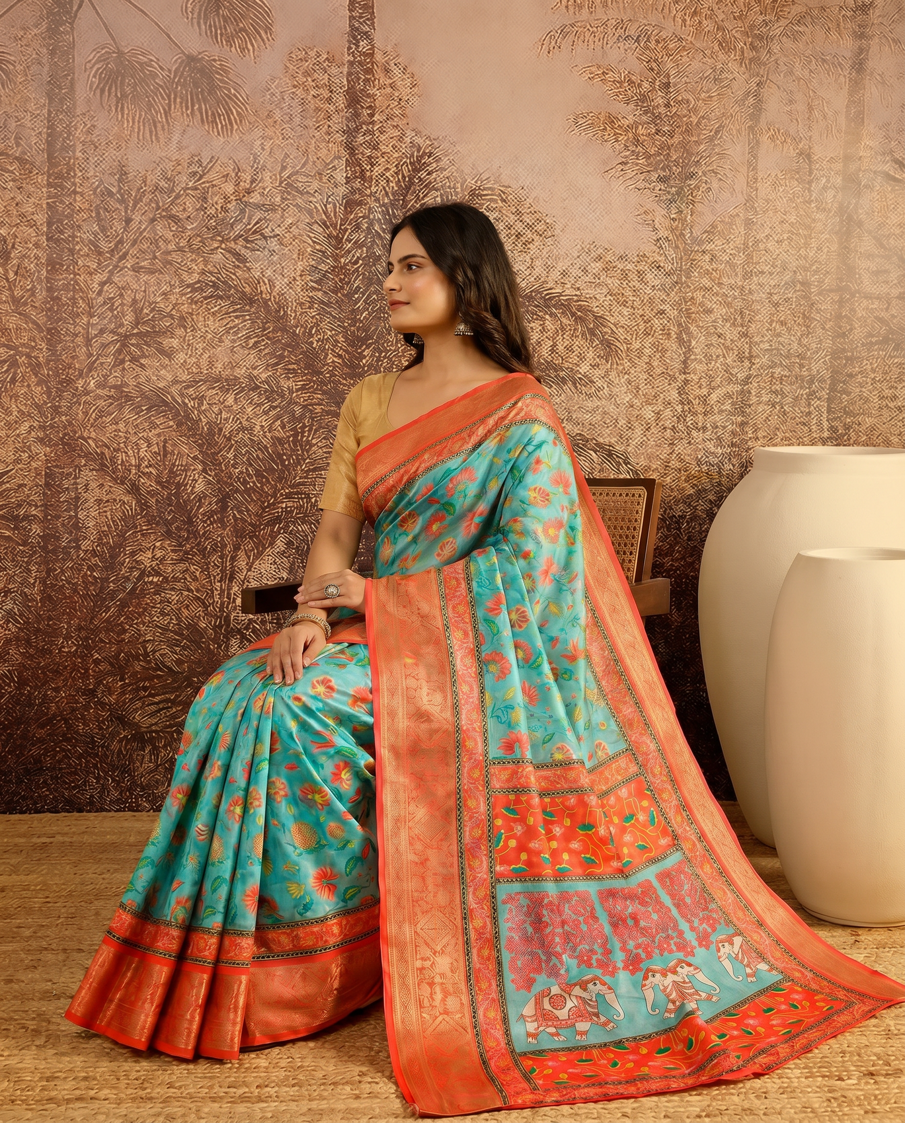 Elegant Mint Green Floral Silk Saree with Peach Border - output 2 - 03 side