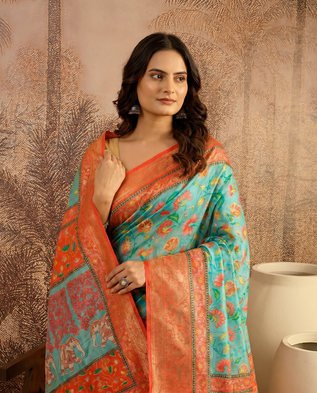 Elegant Mint Green Floral Silk Saree with Peach Border - output 2 - 04 upper closeup