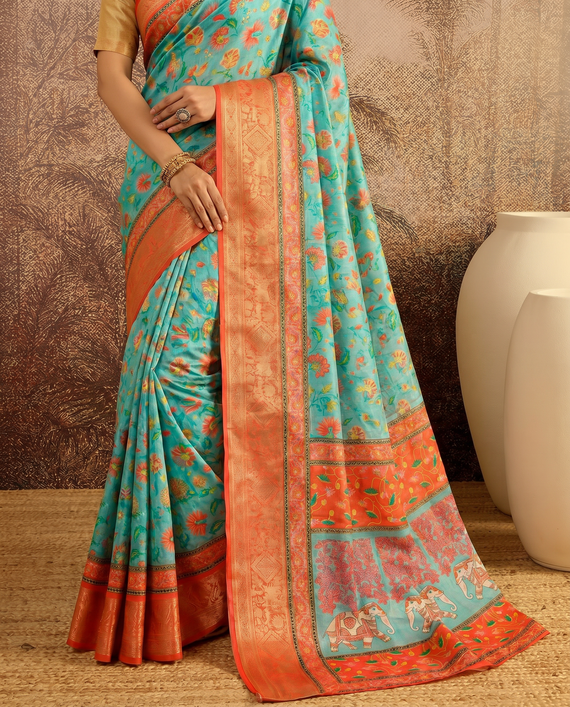 Elegant Mint Green Floral Silk Saree with Peach Border - output 2 - 05 lower closeup